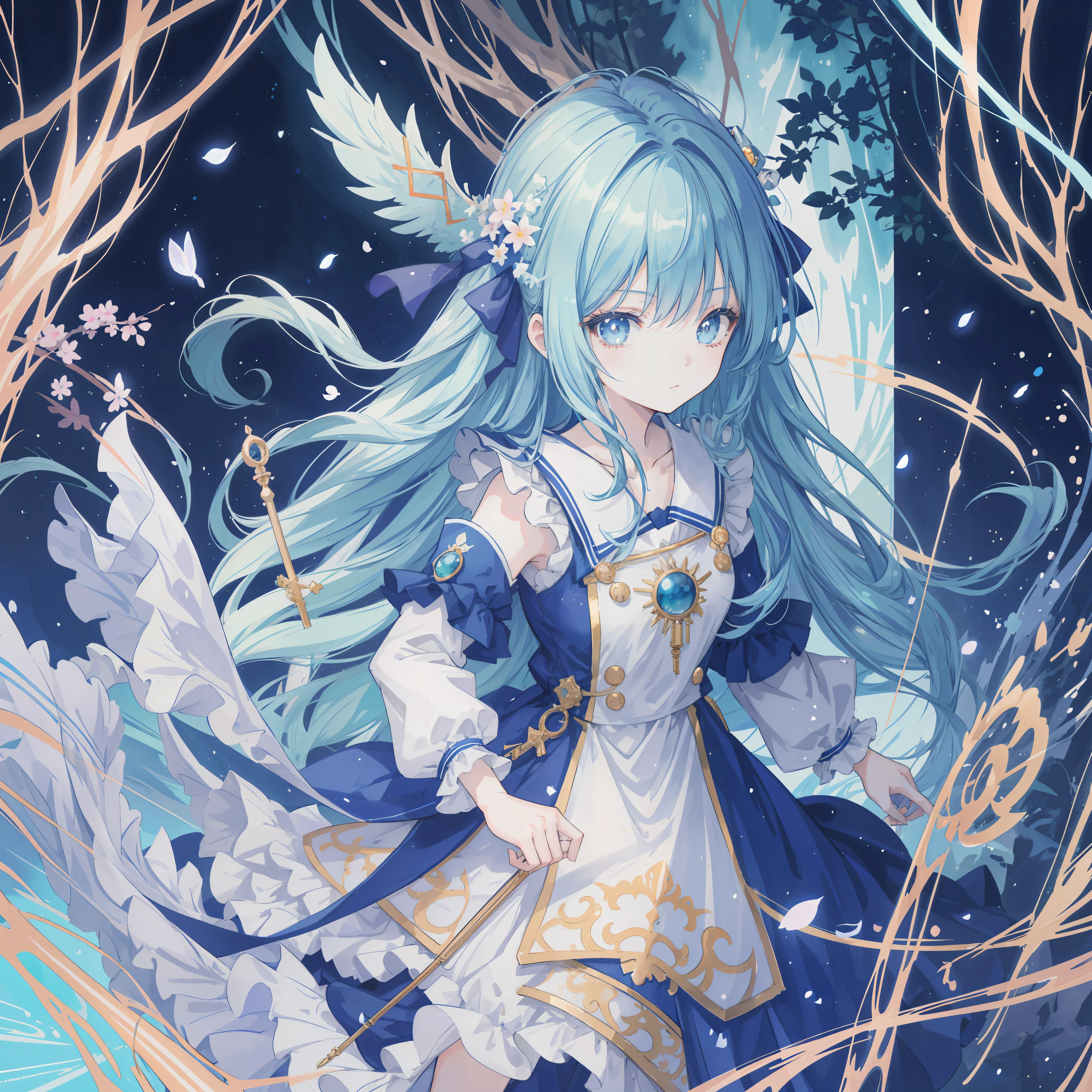 Anime girl with blue hair and blue dress in the forest, detailed key anime art, high detail official artwork, beautiful celestial mage, splash art anime loli, ArtStation Pixiv trend, beautiful fantasy anime, official artwork, detailed anime art, beautiful young wind spirit, anime art wallpaper 4 K, anime art wallpaper 4K, detailed digital anime art