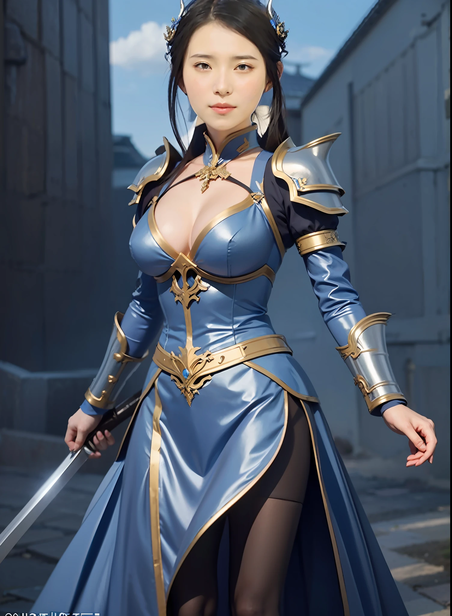 anime girl with a sword and armor on a blue background, 2. 5 d cgi anime fantasy artwork, anime goddess, by Yang J, goddess. extremely high detail, anime fantasy artwork, detailed digital anime art, anime fantasy illustration, fanart best artstation, wlop and artgerm, wlop art, wlop and sakimichan