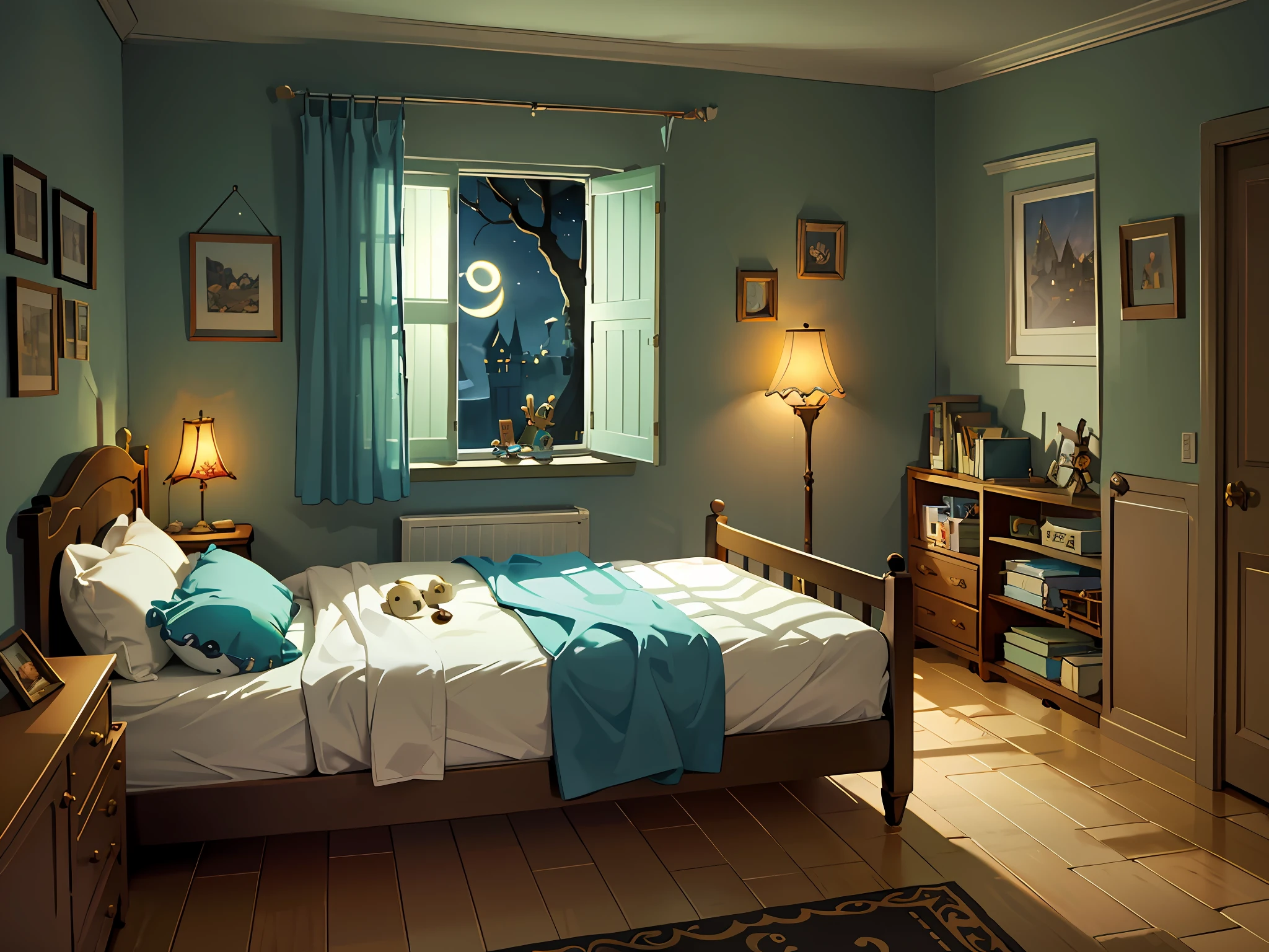 Pirate-themed female children's room illuminated by a lampshade, with a bed, soft light, natural moonlight from the window, night sky, children's book style --auto --s2