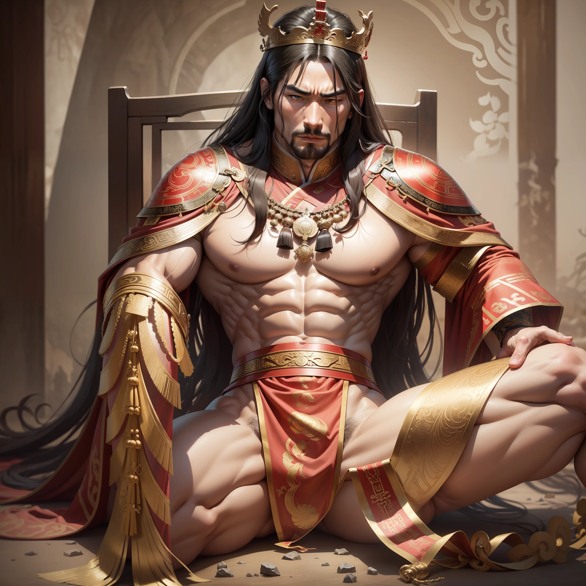 Realistic,Hot muscular Emperor of the Han dynasty on his knees with legs spread apart, wearing an ancient revealing Chinese dress with a tight thong a huge bulge with long silky hair and masculine features with a serious face looking at the ground.Battle scars, a huge throne behind him