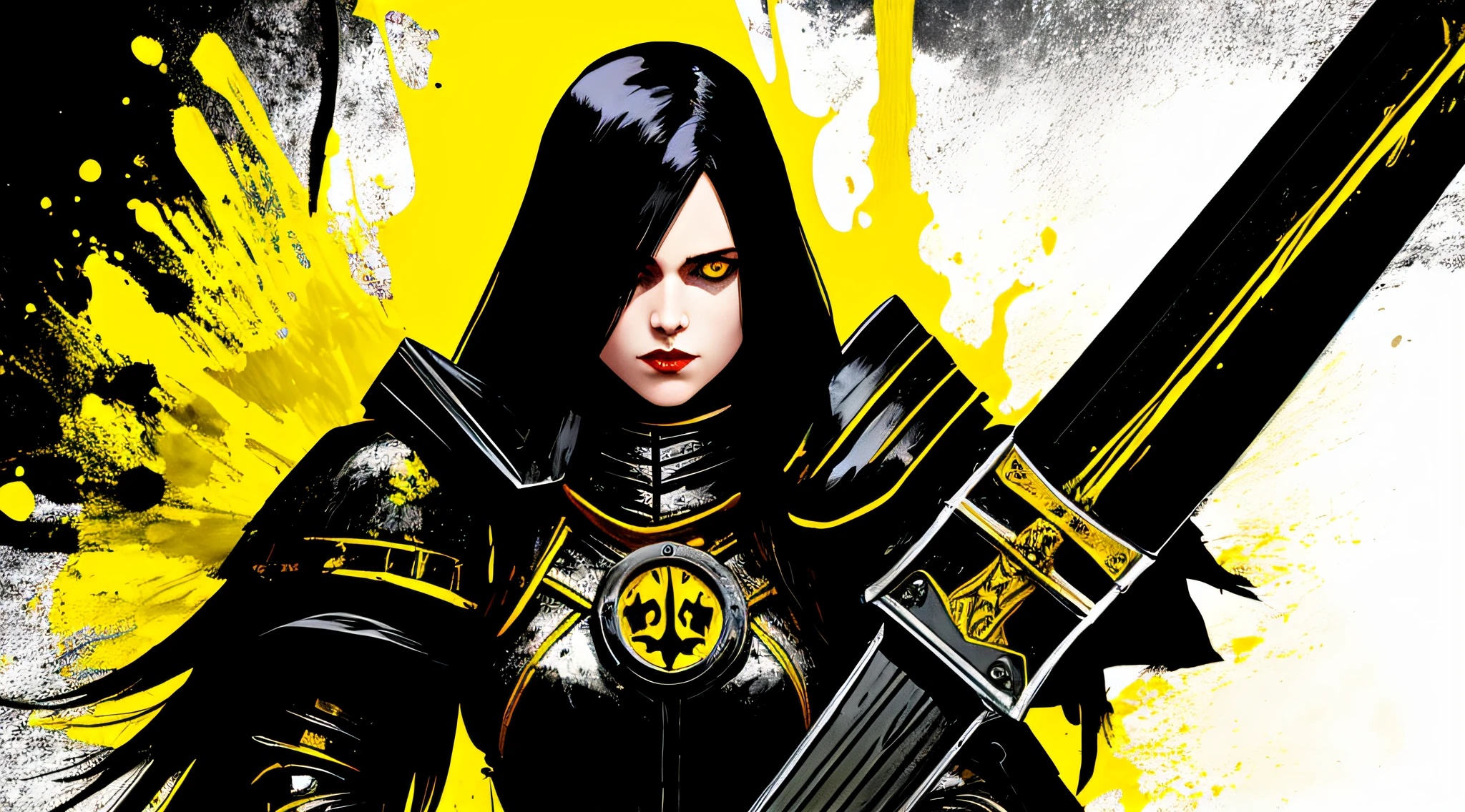 yellow and black, a medieval female black knight with a large axe, in the style of Mork Borg, strong contrast, grunge dirty punk splash art, black metal zine