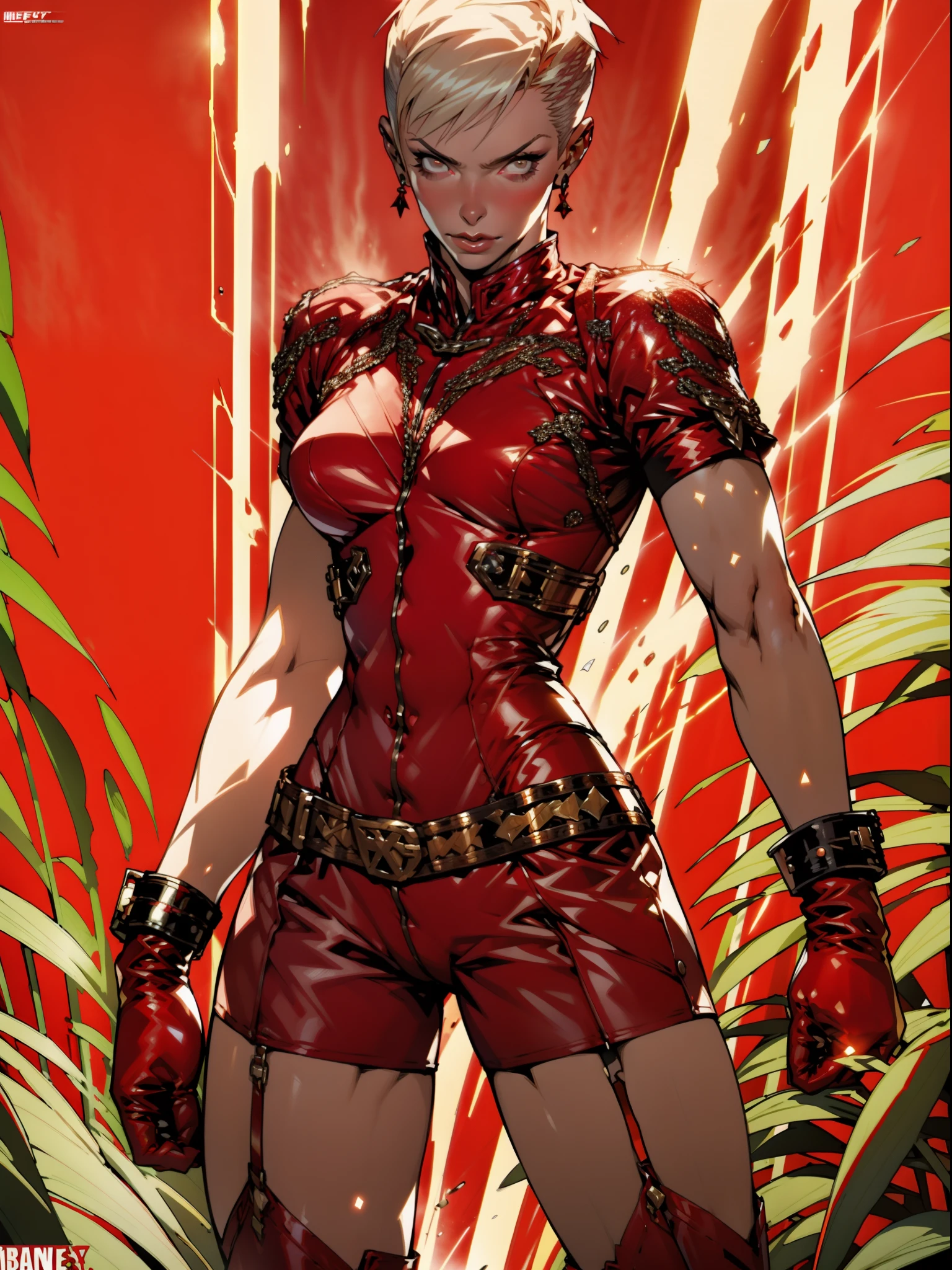 A muscular 35-year-old Russian warrior woman almost naked in the Simon Bisley style for the cover of Heavy Metal magazine, bare thighs, garter belt, super short blonde hair, Minimum clothing, red carbon fiber clothing in chevron pattern, ((((red clothing))), (((short-cut))), ((Annie Lennox)), (((mature woman))), full body