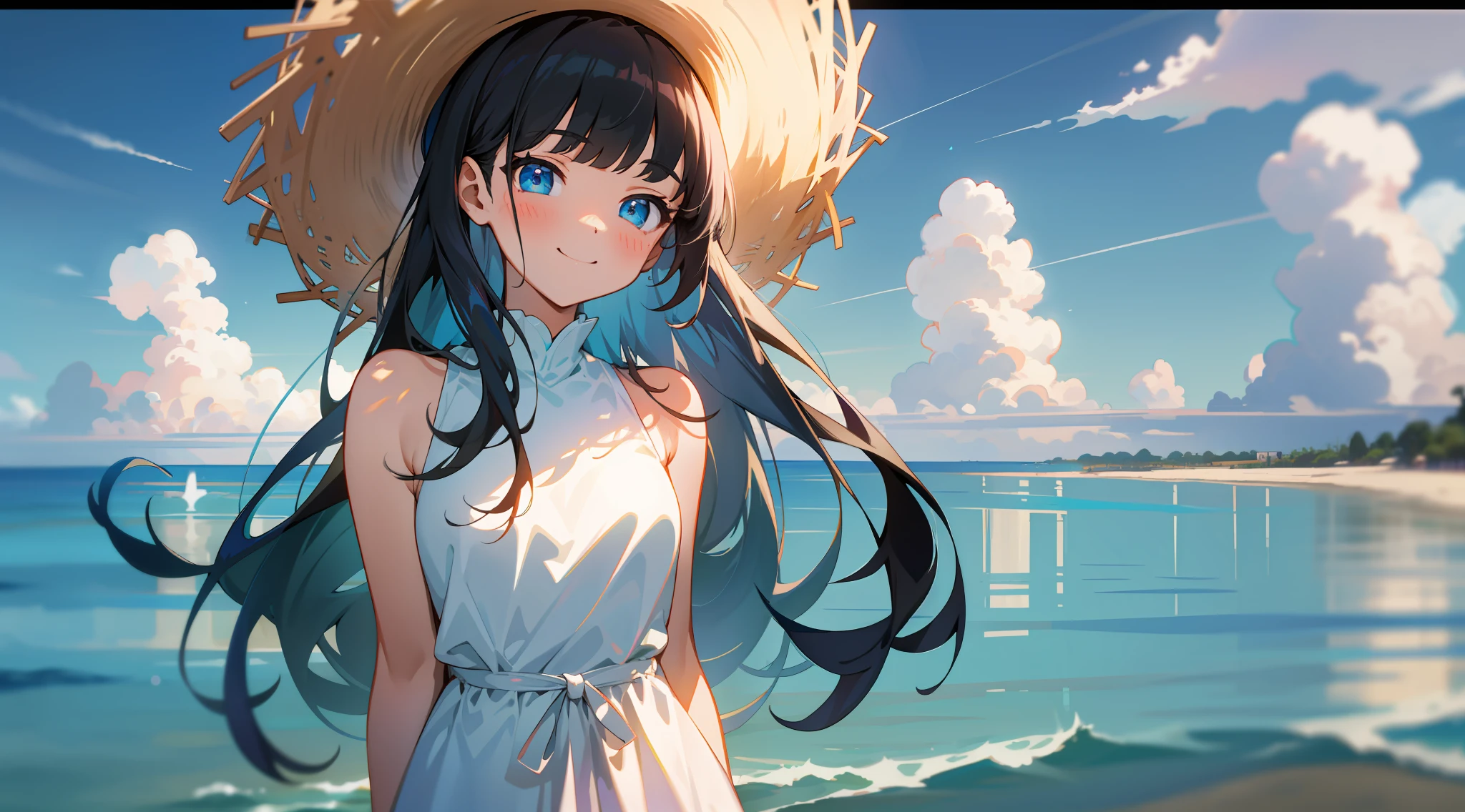 cowboy shot, upper body, long view, panorama, wide angle lens, depth of field, perspective, movie angle, arms behind back, masterpiece, best quality, super detailed, CG, 8K wallpaper, pretty face, delicate eyes, a girl, solo, (masterpiece, best quality), 1girl, very long hair, solo, sidelocks, white dress, smile, blunt bangs, sundres, outdoors, black hair, ocean, beach, blue eyes, standing, sky, sleeveless dress, day, blush, small breasts, feet out of frame, bare shoulders, cloud