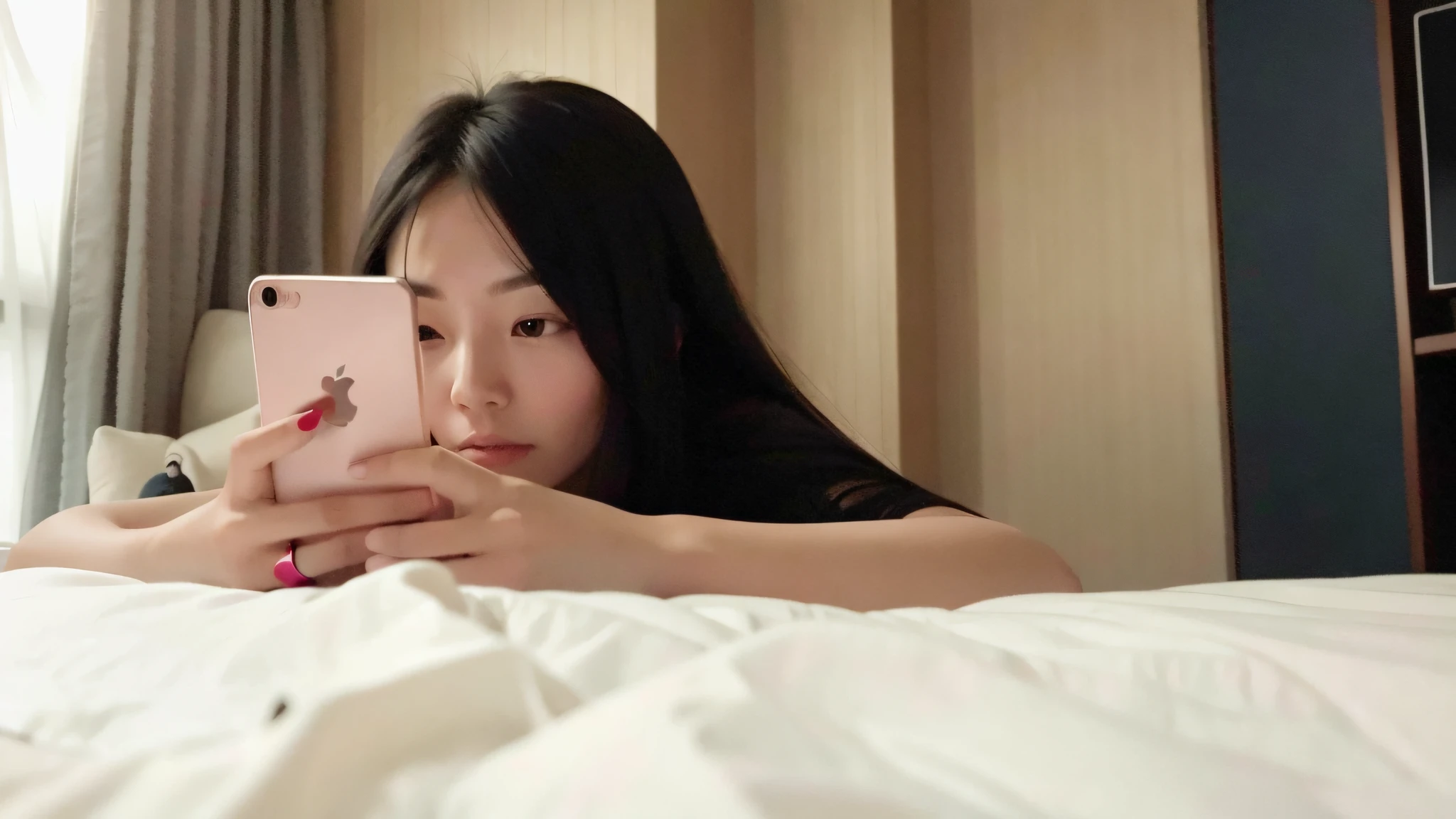 there is a woman taking a picture of herself in bed, lying at the bed, checking her phone, posing in bed, on my bed, while posing in the same bed, lying in bed, xintong chen, sitting on the bed, 2 8 years old, sitting on her bed, wenfei ye, 2 7 years old, chinese girl, 1 8 yo