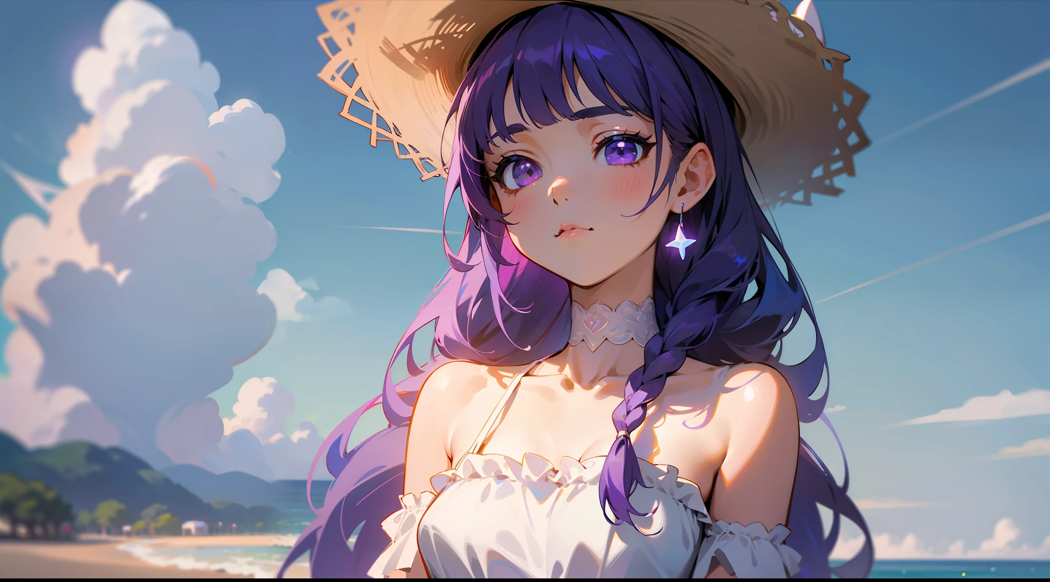 cowboy shot, upper body, far shot, panorama, wide angle lens, depth of field, perspective, movie angle, arms behind back, masterpiece, best quality, super detail, CG, 8K wallpaper, pretty face, delicate eyes, a girl, solo, mxmkWhiteDress, bare shoulder, purple eyes, white dress, braid, chocker, beach
