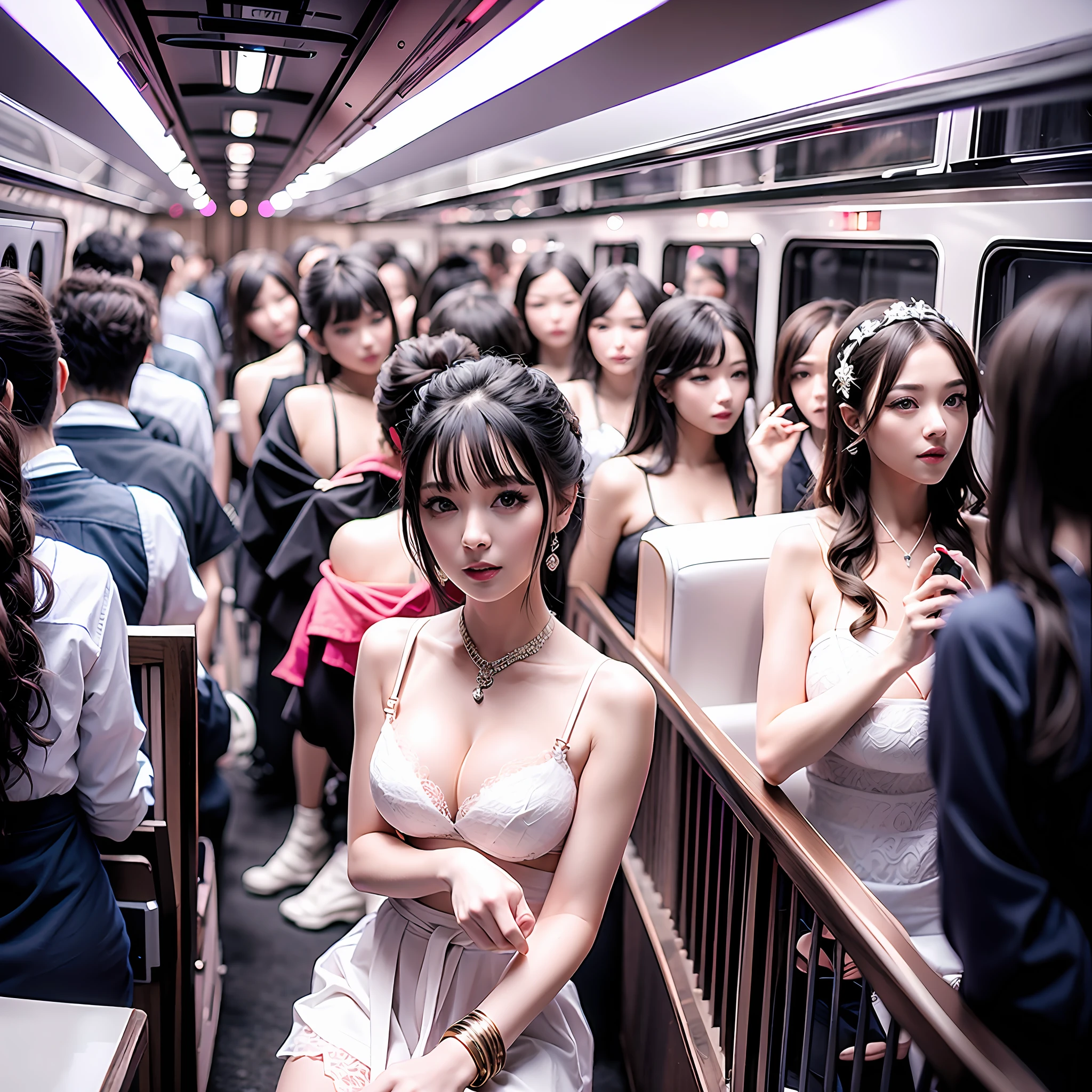 Best quality, masterpiece, ultra high definition, (photorealistic: 1.4), raw photo, multiple beauties, all sexy underwear, black hair, white skin, dramatic lighting, Japan people, adult, beauty, 30 years old, crowded train, no man, --auto --s2