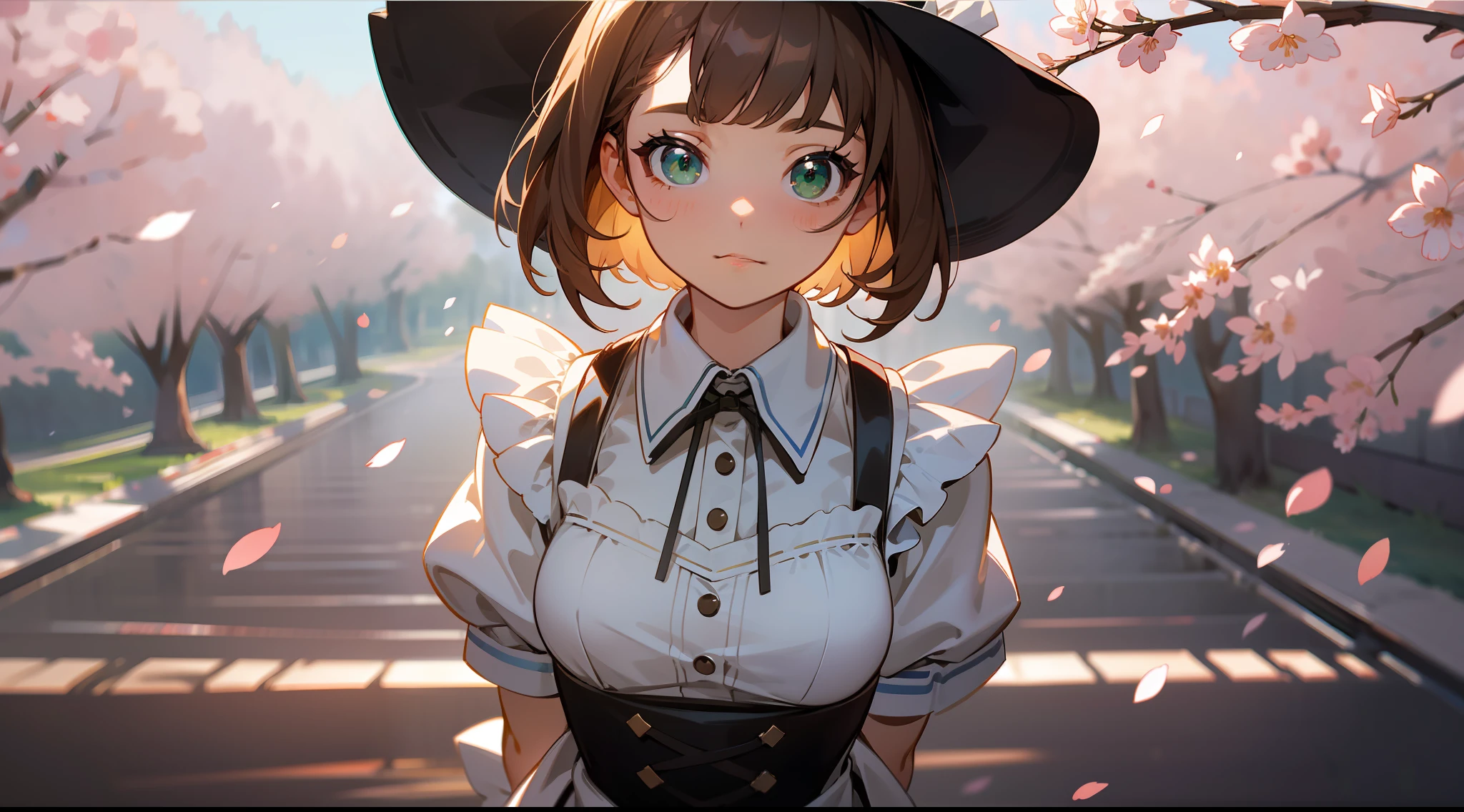 cowboy shot, upper body, far view, panorama, wide angle lens, depth of field, perspective, movie angle, arms behind back, masterpiece, best quality, super detailed, CG, 8K wallpaper, pretty face, delicate eyes, a girl, solo, maid, maid outfit, short brown hair, green eyes, cherry blossoms, sunlight