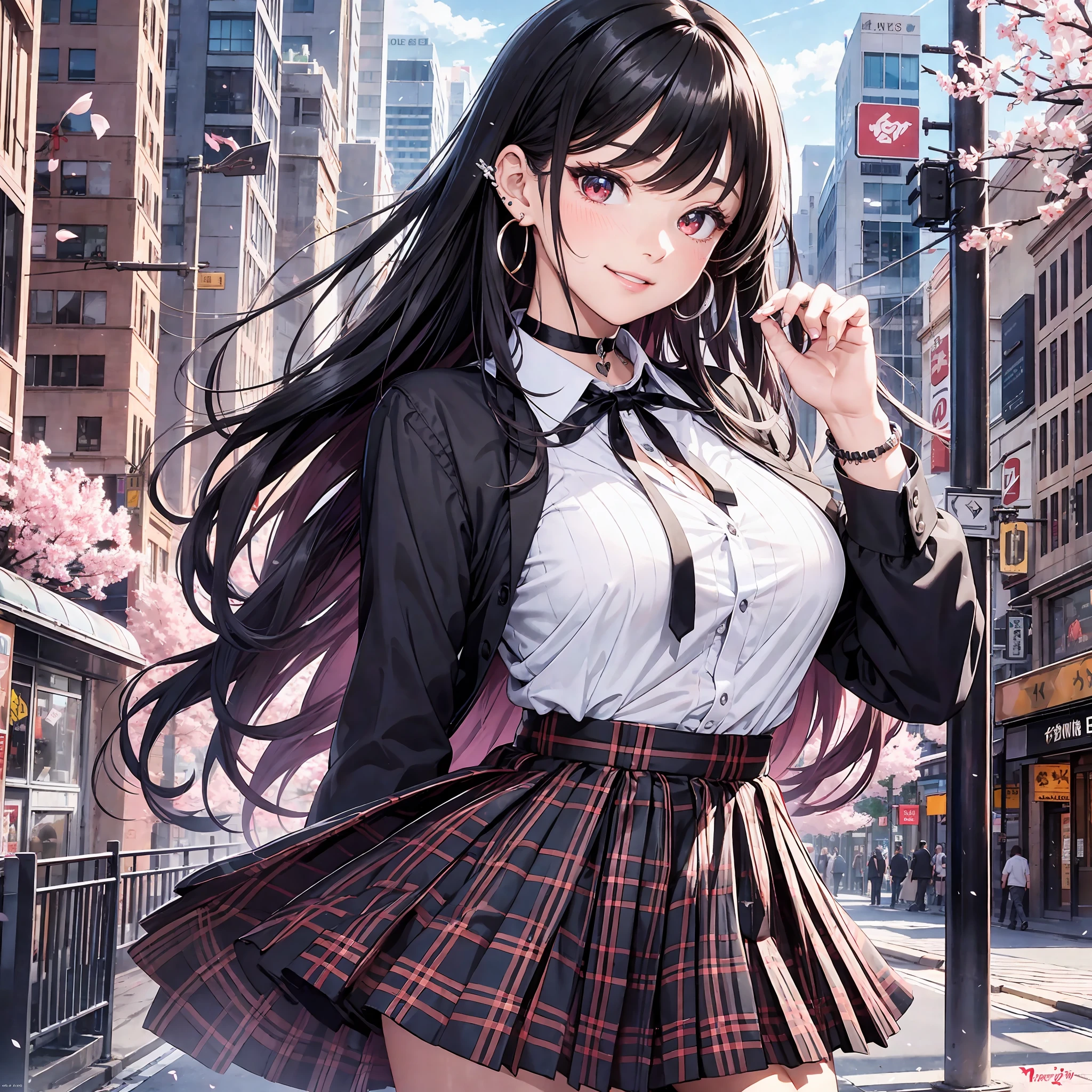 Masterpiece, Superb Piece, Full Body, 1Girl, Bangs, Black Choker, Black Tie, Black Hair, Blue Dress, Blush, Bracelet, Beautiful Breasts, Choker, Corsets, Collarbones, Collared Shirts, Denim Photos, Dress Shirts, Pierced Ears, Eyebrows Visible Through Hair, Gradient Hair, Grin, Gyaru, Jewelry, Kogal, Long Hair, Look at the Audience, Loose Tie, Tie, Piercing, Plaid Skirt, Plaid Skirt, Pleated Skirt, Red Eyes, Ring, School Uniform, Shirt, Skirt, Smile, Solo, white shirt, street, sky, cherry blossoms, petals, illustration, (magazine: 1.3), (cover style: 1.3), fashion, woman, vitality, dressing, posing, front, colorful, dynamic, background, element, confident, expressive, holding, statement, attachment, majestic, coiled, around, touch, scene, text, cover, bold, eye-catching, title, fashion, font, catchy, title, bigger, eye-catching, bigger, eye-catching, modern, fashionable, focused, fashionable, anime --auto --s2