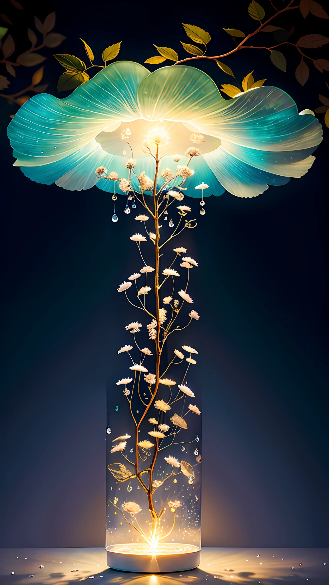 Delicate branches of roses, ultra-transparent, holy light, beautiful spectral light, petals glowing, shimmering, surrounded by light mist, transparent droplets, reflected light, bright, light flowing in, optics, portrait contours, sharp focus, magical, intricate, surreal, fantasy, composition, light, trends on artstation, pearls, water drops, patron clouds of silver vapor, corrosion enveloping ray family, 8k, ureal ar 23v4 uplight