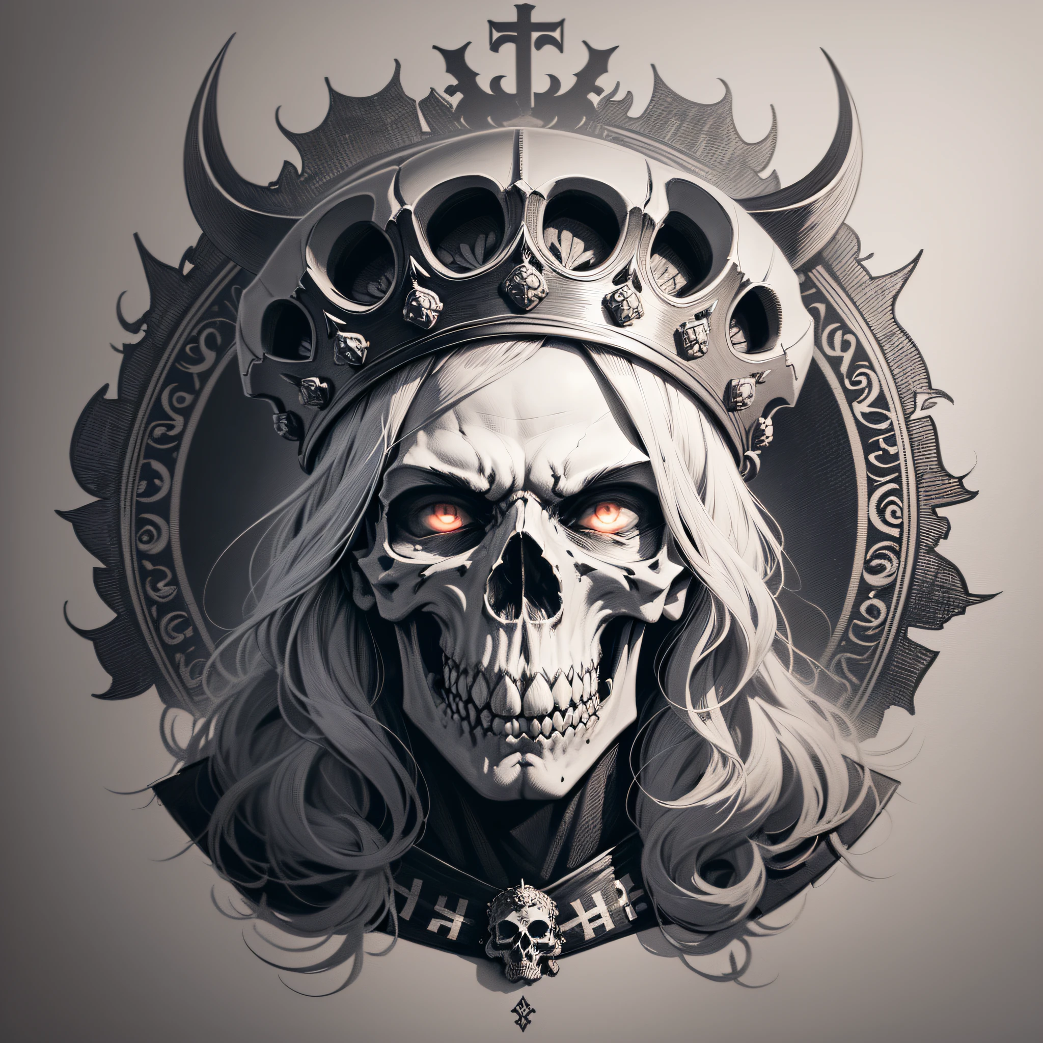 there is a drawing of a skull and a banner on a wall, skull design for a rock band, adorned with demon skulls, with a crown of skulls, intricate devilish designs, highly detailed linework, heavily gothic ornamental, crown of skulls, sacred skulls, detailed intricate illustration, sacred skull, orthodox symbolism diesel punk, ornate piracy, flesh ornate --auto --s2