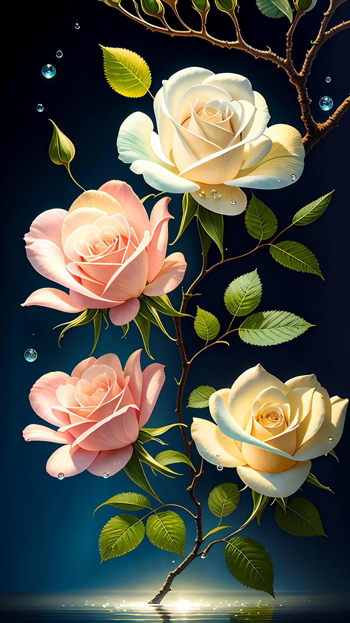 Delicate branches of roses, ultra-transparent, holy light, beautiful spectral light, petals glowing, shimmering, surrounded by light mist, transparent droplets, reflected light, bright, light flowing in, optics, portrait contours, sharp focus, magical, intricate, surreal, fantasy, composition, light, trends on artstation, pearls, water drops, patron clouds of silver vapor, corrosion enveloping ray family, 8k, ureal ar 23v4 uplight