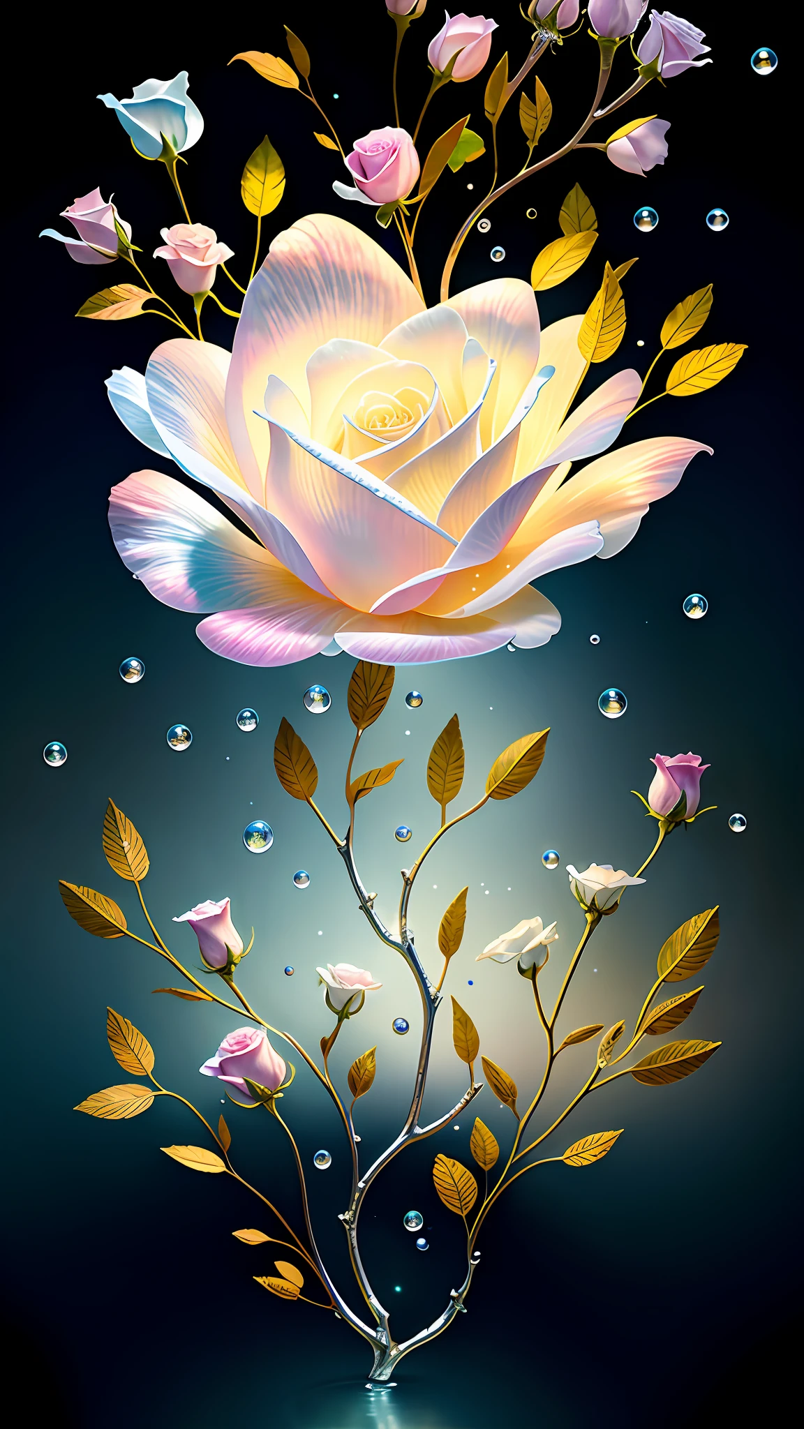 Delicate branches of roses, ultra-transparent, holy light, beautiful spectral light, petals glowing, shimmering, surrounded by light mist, transparent droplets, reflected light, bright, light flowing in, optics, portrait contours, sharp focus, magical, intricate, surreal, fantasy, composition, light, trends on artstation, pearls, water drops, patron clouds of silver vapor, corrosion enveloping ray family, 8k, ureal ar 23v4 uplight