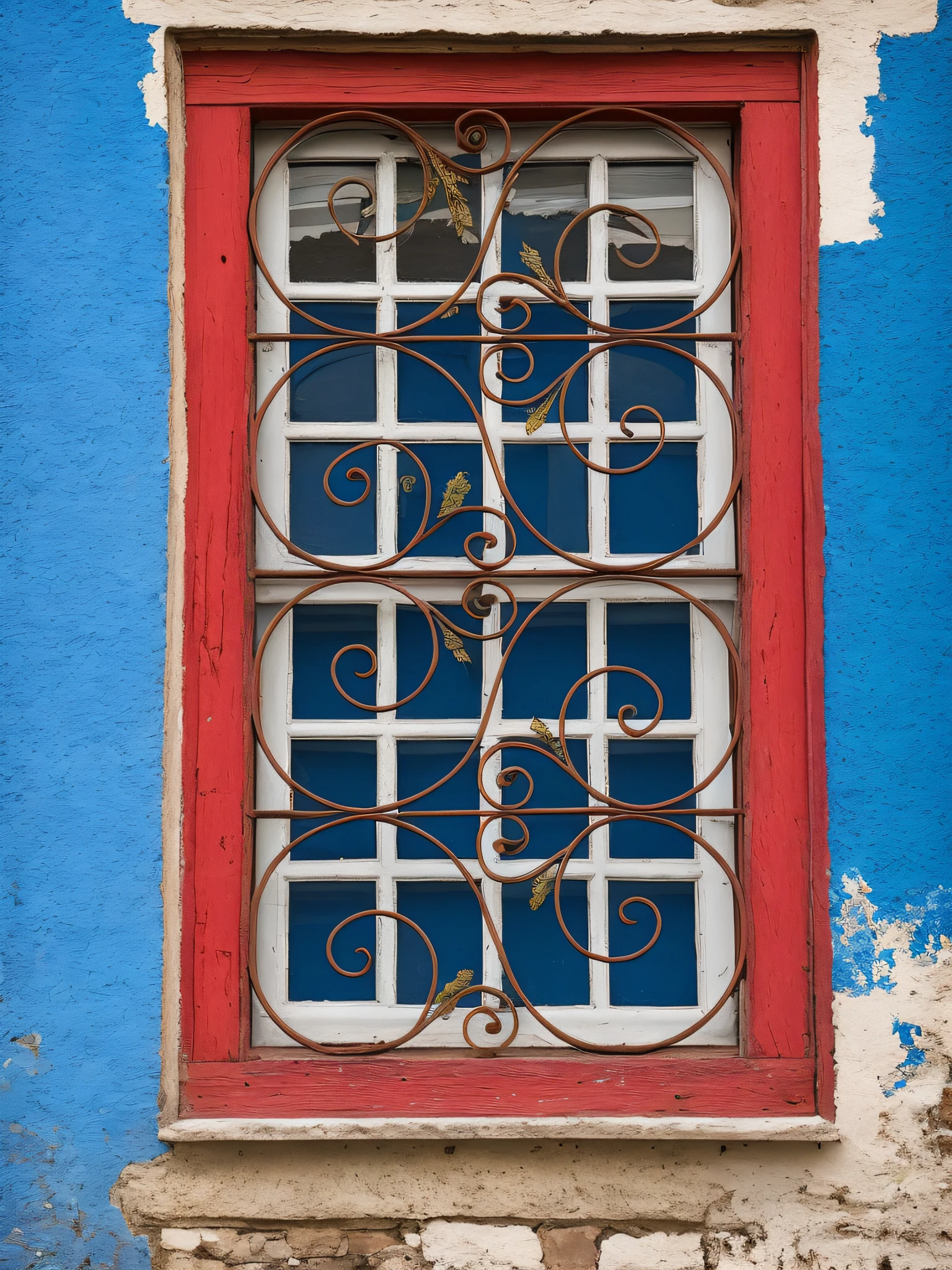 There is a window with a decorative iron design on it, window in the center, photo of a beautiful window, small ornate windows, window, painted metal and glass, bars on the windows, church window, wide window centered, window, open window, symmetrical detail, house windows, metal framed portal, window (city), highly ornate wrought iron architecture, Miter details in blue color, red border, white wall. --auto --s2