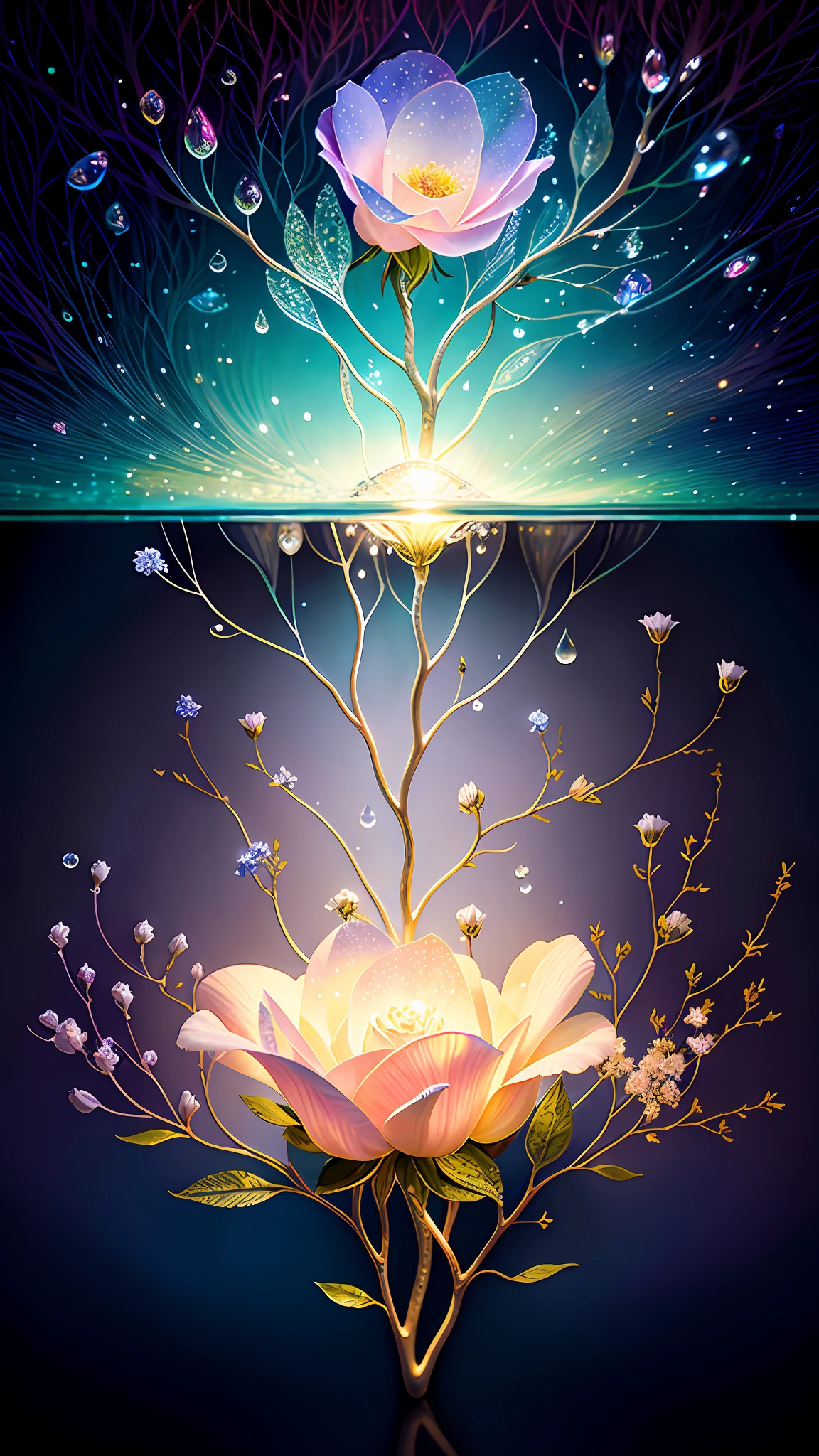 Delicate branches of roses, ultra-transparent, holy light, beautiful spectral light, petals glowing, shimmering, surrounded by light mist, transparent droplets, reflected light, bright, light flowing in, optics, portrait contours, sharp focus, magical, intricate, surreal, fantasy, composition, light, trends on artstation, pearls, water drops, patron clouds of silver vapor, corrosion enveloping ray family, 8k, ureal ar 23v4 uplight