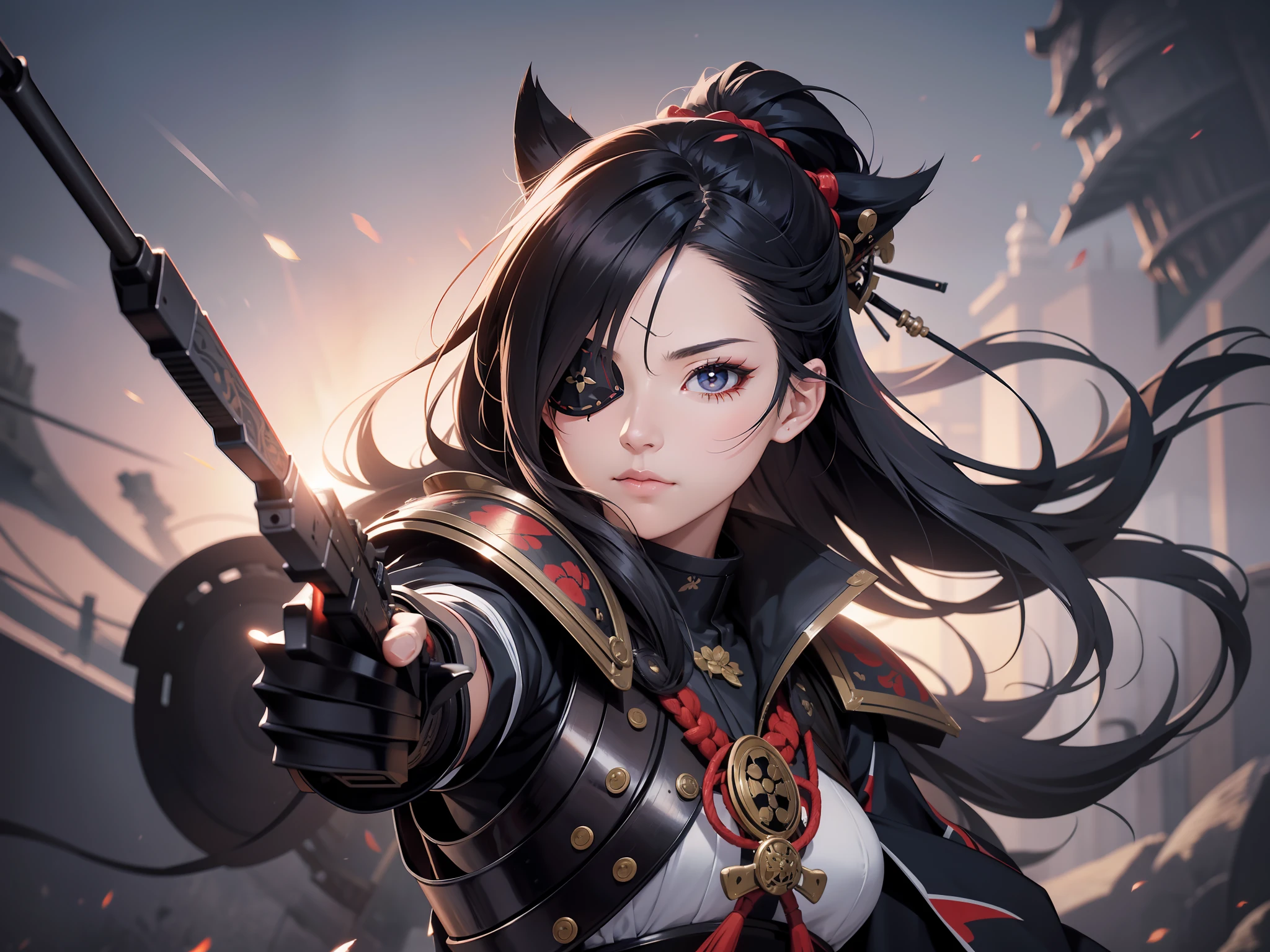 (detailed art of beautiful one eyed samurai lady), master piece, (she is shooting enemy with a gun), samurai armor, (eyepatch), she has scars on face, natural body posture, she is fighting in the battlefield, full body Art , symmetrical, sharp eyes, oil painting, concept art, voluminetric lighting,TanvirTamim, 2d render, 8k.