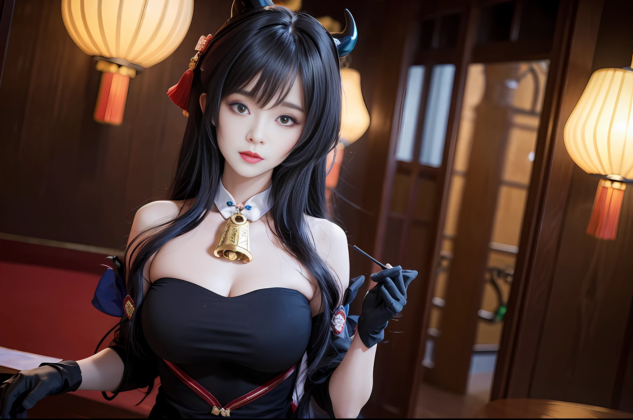 ((Masterpiece)), (Very detailed CG unity 8k wallpaper), best quality, illustration, beautiful detail eyes, beautiful detail hair, very_long_hair, 1 girl, gan yu, ganyu \(genshin impact\), 1girl, ahoge, architecture, bangs, bare shoulders, bells, black gloves, black tights, (blue hair), blush, beautiful breasts, chinese knots, sleeves, flower knots, gloves, horns, Long hair, looking at the audience, mid-chest, neckbell, perfect body, upper body, sea, Korean, style, realism, beauty,