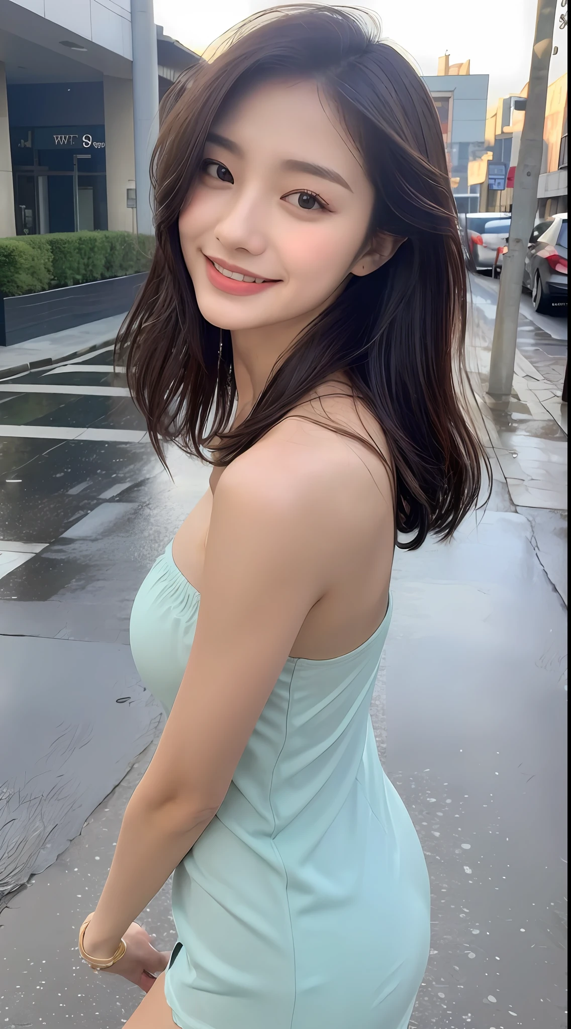 ((Best Quality, 8K, Masterpiece:1.3)), Focus: 1.2, Perfect Body Beauty: 1.4, Buttocks: 1.2, ((Layered Haircut, Breasts: 1.2)), (Wet Clothes: 1.1), (Rain, Street:1.3), Bandeau Dress: 1.1, Highly Detailed Face and Skin Texture, Fine Eyes, Double Eyelids, Whitening Skin, Long Hair, (Shut Up: 1.3), Smile
