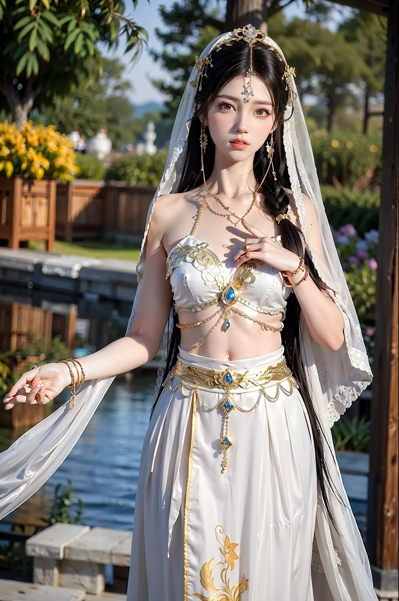 Shiny skin, best quality, masterpiece, 36d,
1 girl, solo, long hair, brunette hair, jewelry, standing, ears, arched hair, Chinese Yang Guifei, veil, chest fully exposed,
Masterpiece, ultra-realistic, 32k, extremely detailed CG Unity 8k wallpaper, best quality
