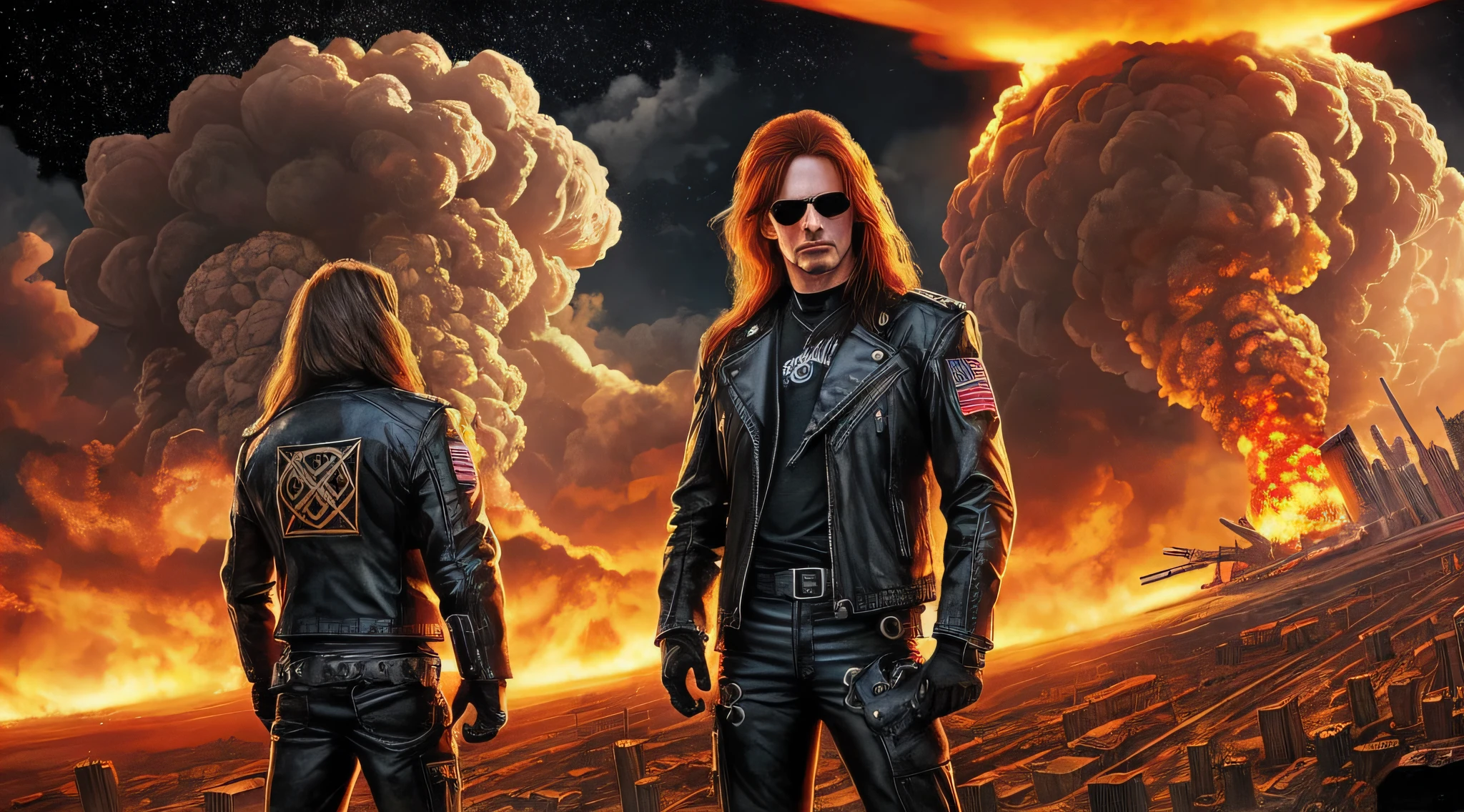 3 boys in leather clothes standing in front of a big explosion, close up, portrait style, hellish, LIGHTNING, Heavy metal promo band, Thrash metal, Heavy Rock promo band photo, Arch Enemy, Burning in Hell, New Wave of British Heavy Metal, Long Blonde Flaming Hair, Heavy Metal The Movie, Destruction, Slayer, 2 0 0 6 Advertising Promo Shot, Proto - Metal Band Promo, Megadeth, death metal, Nuclear explosion over a city with a big mushroom cloud, nuclear bomb explosion, nuclear bomb explosion, nuclear explosion, nuclear mushroom cloud, nuclear attack, nuclear apocalypse, mushroom cloud on the horizon, huge nuclear mushroom cloud, nuclear explosion background, nuclear cloud, nuclear bomb, nuclear explosion on the horizon, Nuclear explosions paint the sky, nuclear war, mushroom cloud in the background