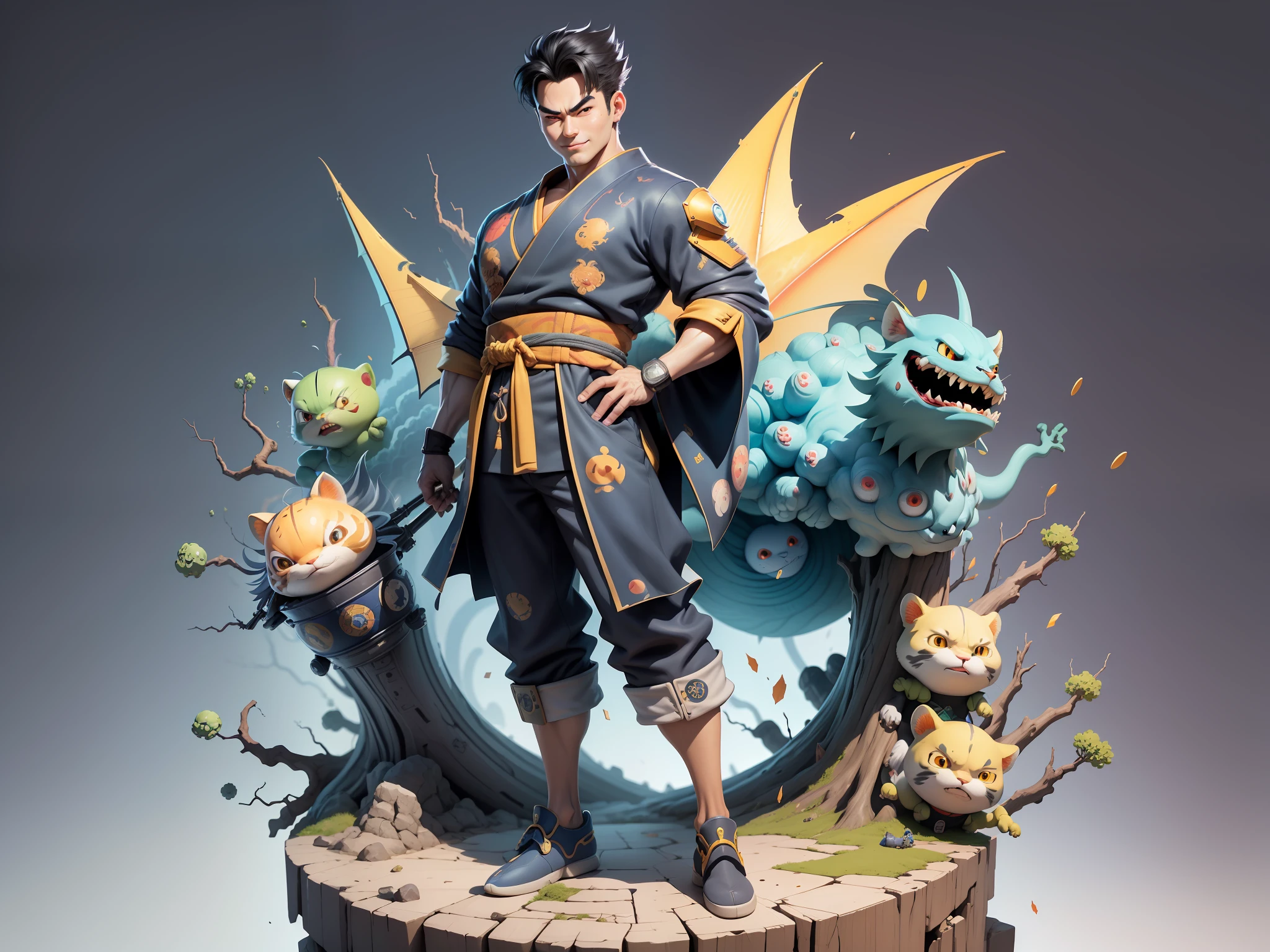 (Masterpiece), (Excellent), (Super Meticulous), (Full Body: 1.2), Super Young Man, Oriental Face, Japanese Kimono, Japanese Wind Thunder God, Dragon, Tiger, TV Anchor, Bust Portrait Illustration, Alone, Black Suit, Blue Tie, Slightly Chubby Face, Very Clean Face, No Beard, Black Super Short Hair, Black Eyes, Confident Smile, 3c Computer Sub-Products, iPad, iPhone, Digital Painting, 3D Character Design by Akira Toriyama and Mark Claireden and Pixar and Hayao Miyazaki, The illustration is a high-definition illustration in 4K resolution with very detailed facial features and cartoon-style visuals.