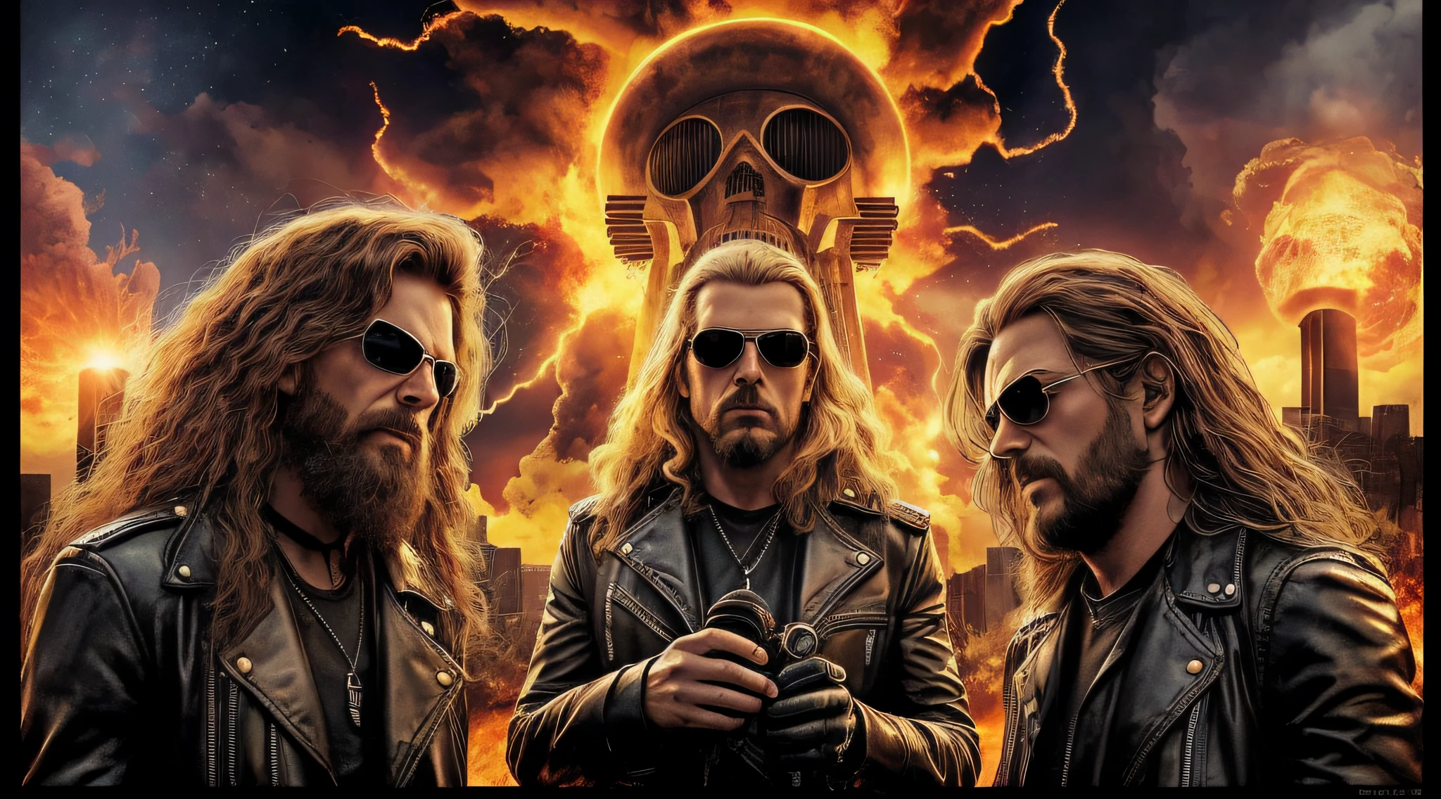 3 boys in leather clothes standing in front of a big explosion, close up, portrait style, hellish, LIGHTNING, Heavy metal promo band, Thrash metal, Heavy Rock promo band photo, Arch Enemy, Burning in Hell, New Wave of British Heavy Metal, Long Blonde Flaming Hair, Heavy Metal The Movie, Destruction, Slayer, 2 0 0 6 Advertising Promo Shot, Proto - Metal Band Promo, Megadeth, death metal, Nuclear explosion over a city with a big mushroom cloud, nuclear bomb explosion, nuclear bomb explosion, nuclear explosion, nuclear mushroom cloud, nuclear attack, nuclear apocalypse, mushroom cloud on the horizon, huge nuclear mushroom cloud, nuclear explosion background, nuclear cloud, nuclear bomb, nuclear explosion on the horizon, Nuclear explosions paint the sky, nuclear war, mushroom cloud in the background