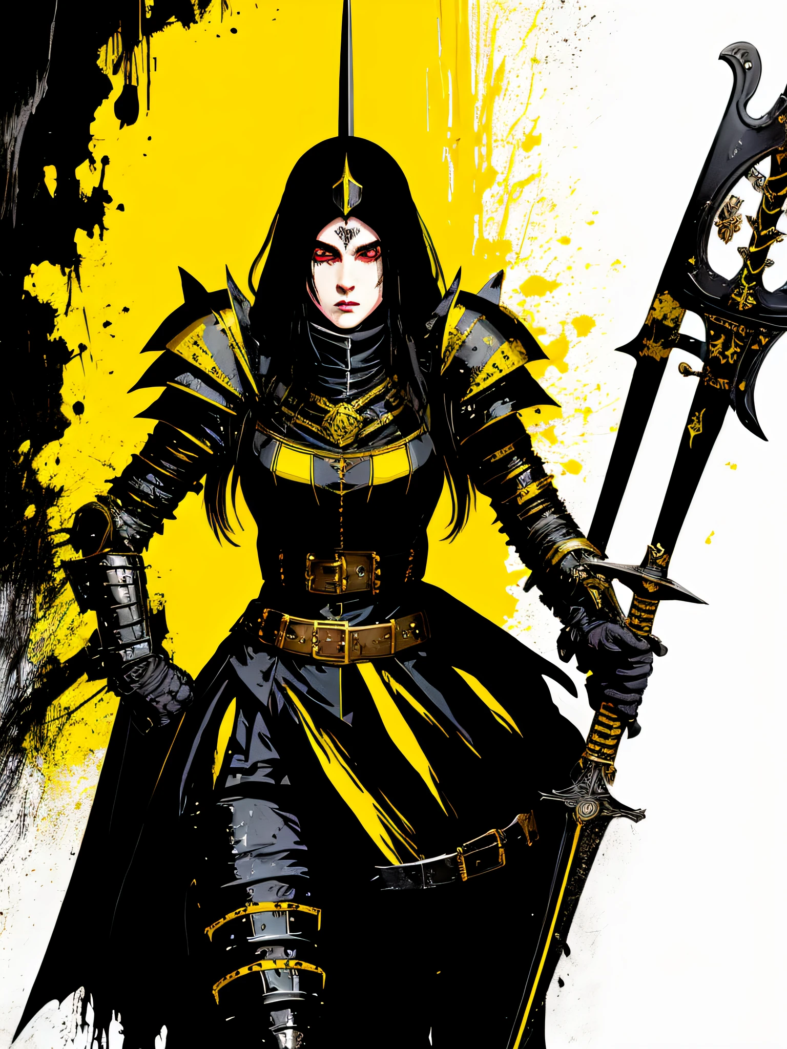 yellow and black, a medieval female black knight with a large sword, in the style of Mork Borg, strong contrast, grunge dirty punk splash art, black metal zine