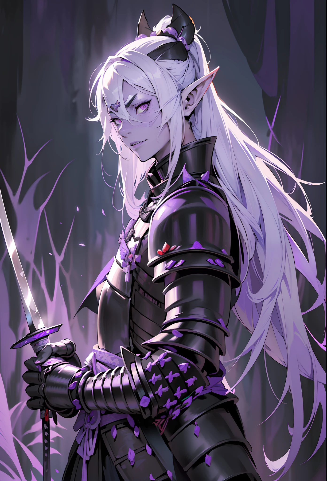 (extremely detailed 8k wallpaper:1.2), (best quality:1.2), (adventure and fantasy theme), profile (Dungeons & Dragons RPG character), ((((black elf race woman)))), (((drow))), (((asiatica))), young, beautiful, sexy, sharp focus, (subsurface scattering:1.1), award-winning photograph, ((Antipaladine Class:1.3)), ((half-body shot:1.1)), centered face, very long white hair, freckles on the face, white skin, pale skin,  oriental painting of geisha on face, bright lilac eyes:1.2, malicious expression, villainous, evil, (((((black and purple samurai armor))))), holding samurai sword in hand, sword with black energy, (standing inside black forest:1.3), (very detailed background:1.2), dramatic lighting, sfw