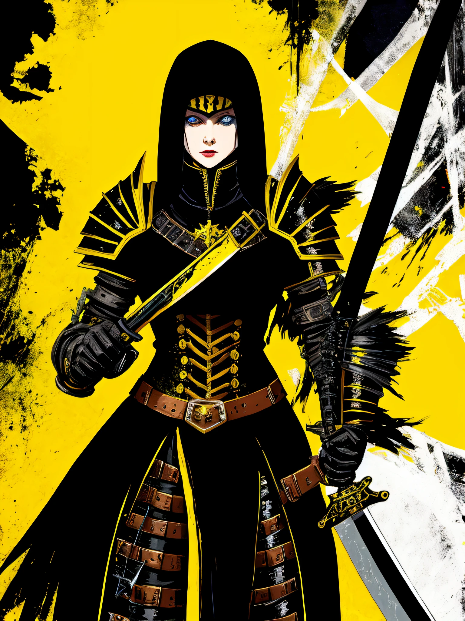 yellow and black, a medieval female black knight with a large sword, in the style of Mork Borg, strong contrast, grunge dirty punk splash art, black metal zine