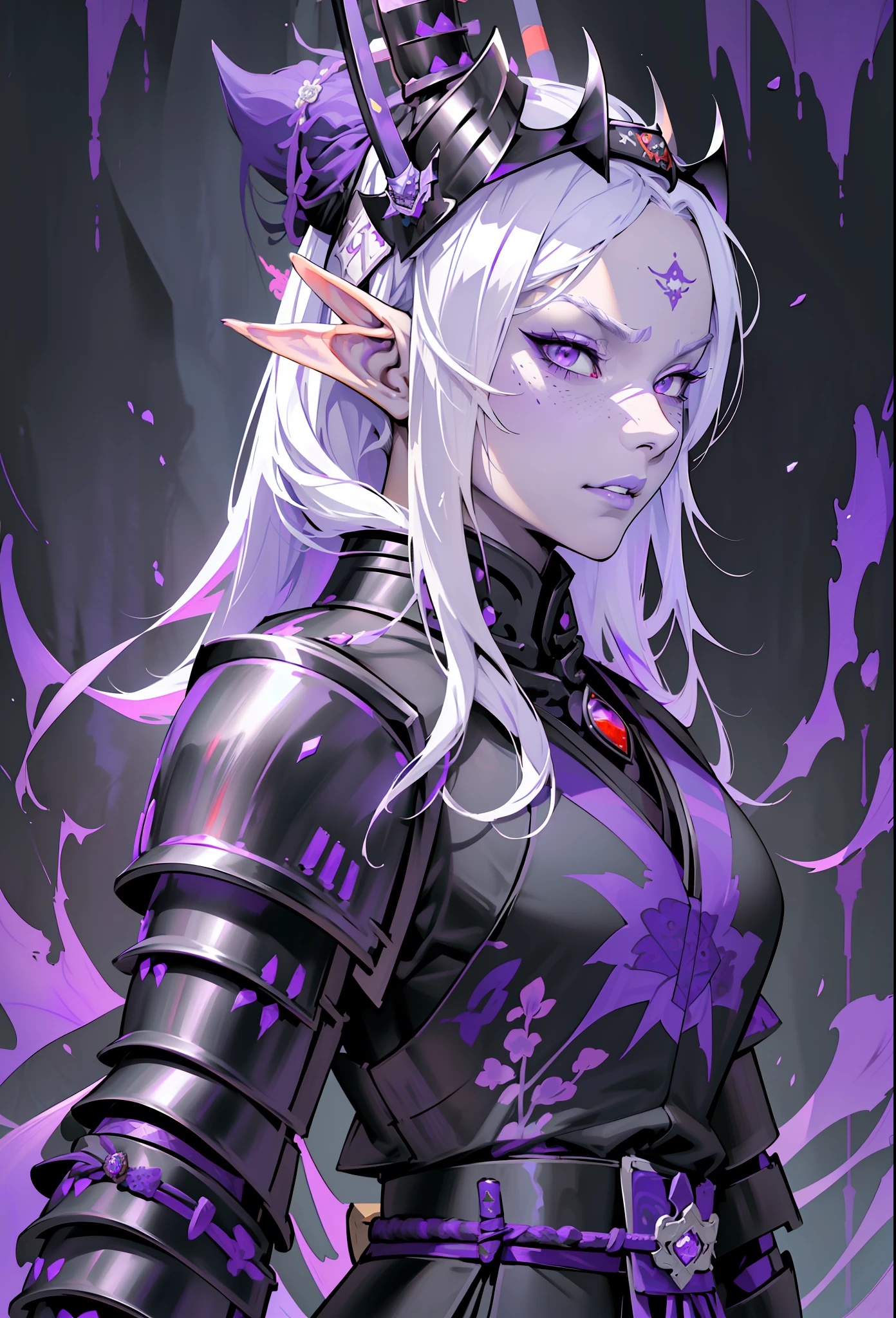 (extremely detailed 8k wallpaper:1.2), (best quality:1.2), (adventure and fantasy theme), profile (Dungeons & Dragons RPG character), ((((black elf race woman)))), (((drow))), (((asiatica))), young, beautiful, sexy, sharp focus, (subsurface scattering:1.1), award-winning photograph, ((Antipaladine Class:1.3)), ((half-body shot:1.1)), centered face, very long white hair, freckles on the face, white skin, pale skin,  oriental painting of geisha on face, bright lilac eyes:1.2, malicious expression, villainous, evil, (((((black and purple samurai armor))))), holding samurai sword in hand, sword with black energy, (standing inside black forest:1.3), (very detailed background:1.2), dramatic lighting, sfw