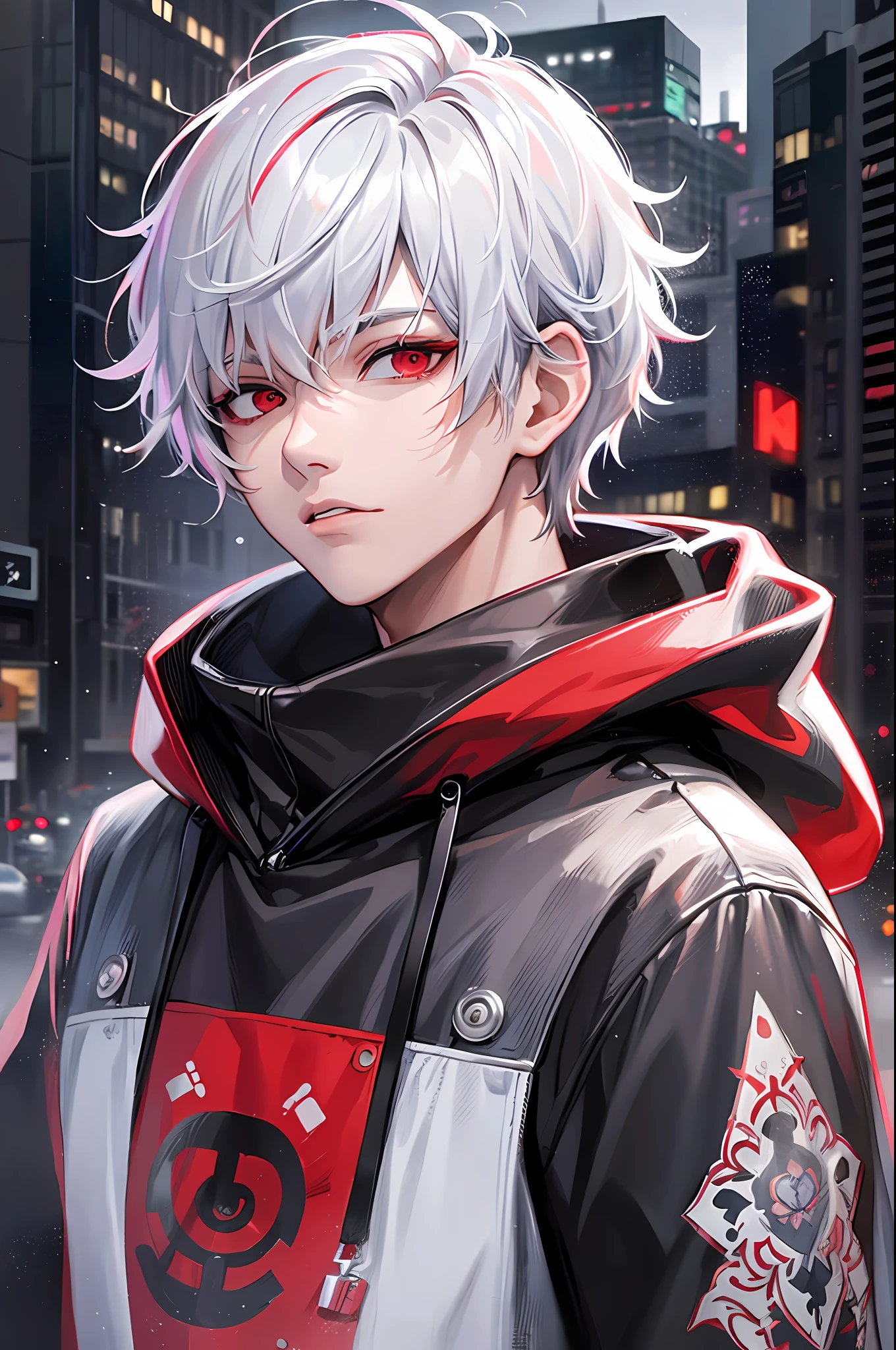 kk, best quality, more details, masterpiece, 1boy, kaneki ken, portrait, male focus, red eyes, solo, bangs, looking at viewer, hood, short hair, rain, tokyo tokyo \(city\),  hood up, nail polish, white hair, luxurious, 8k, detailed, ray tracing, depth of field, cinematic lighting,