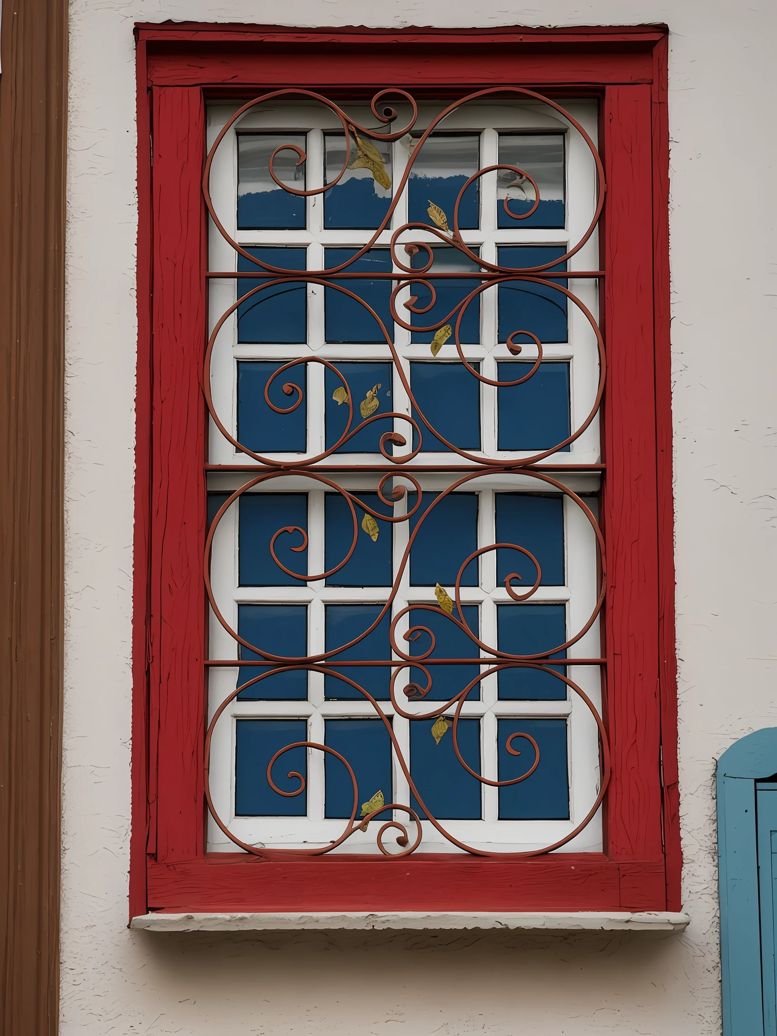 There is a window with a decorative iron design on it, window in the center, photo of a beautiful window, small ornate windows, window, painted metal and glass, bars on the windows, church window, wide window centered, window, open window, symmetrical detail, house windows, metal framed portal, window (city), highly ornate wrought iron architecture, Miter details in blue color, red border, white wall. --auto --s2