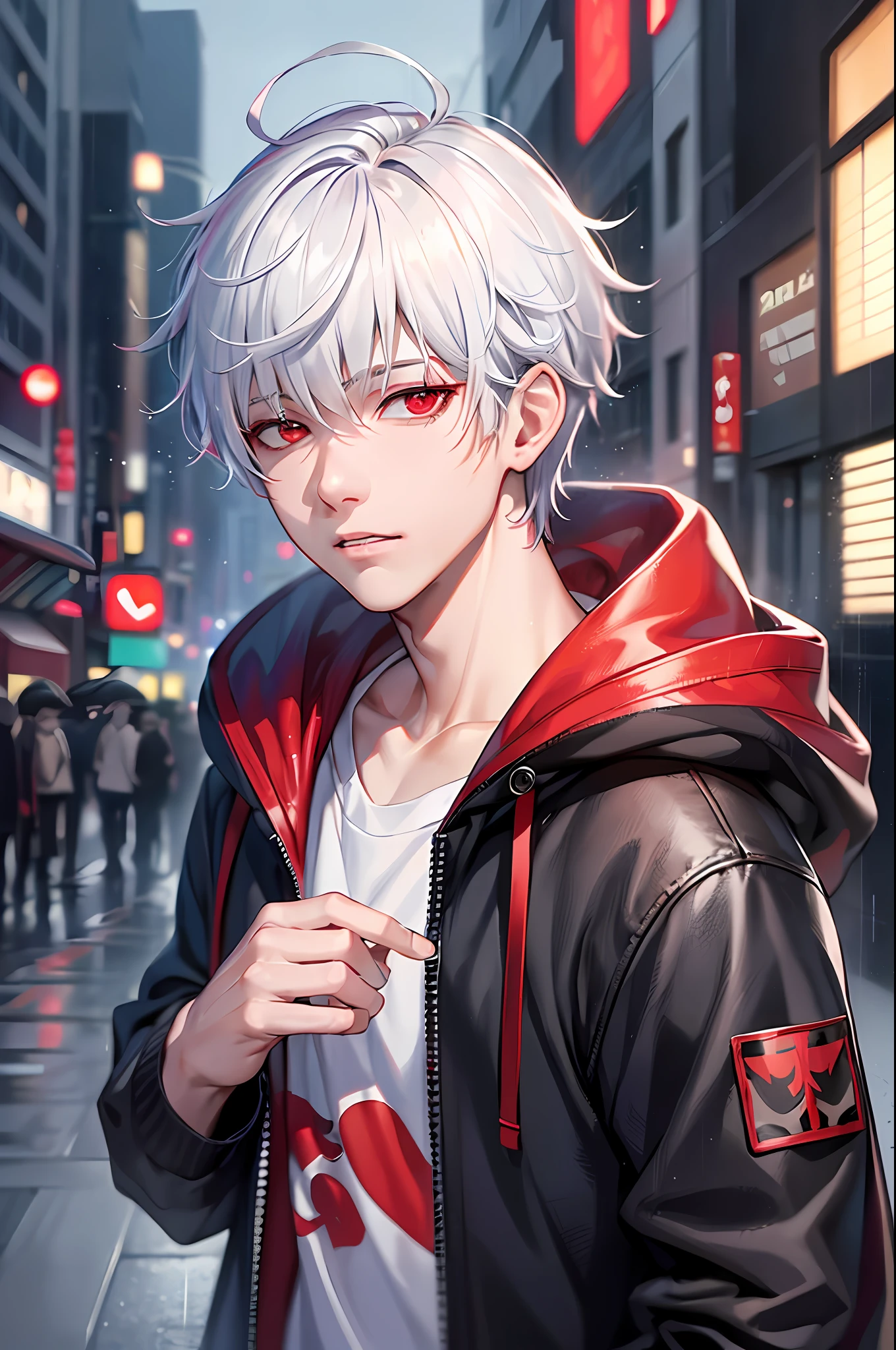 kk, best quality, more details, masterpiece, 1boy, kaneki ken, portrait, male focus, red eyes, solo, bangs, looking at viewer, hood, short hair, rain, tokyo tokyo \(city\),  hood up, nail polish, white hair, luxurious, 8k, detailed, ray tracing, depth of field, cinematic lighting,