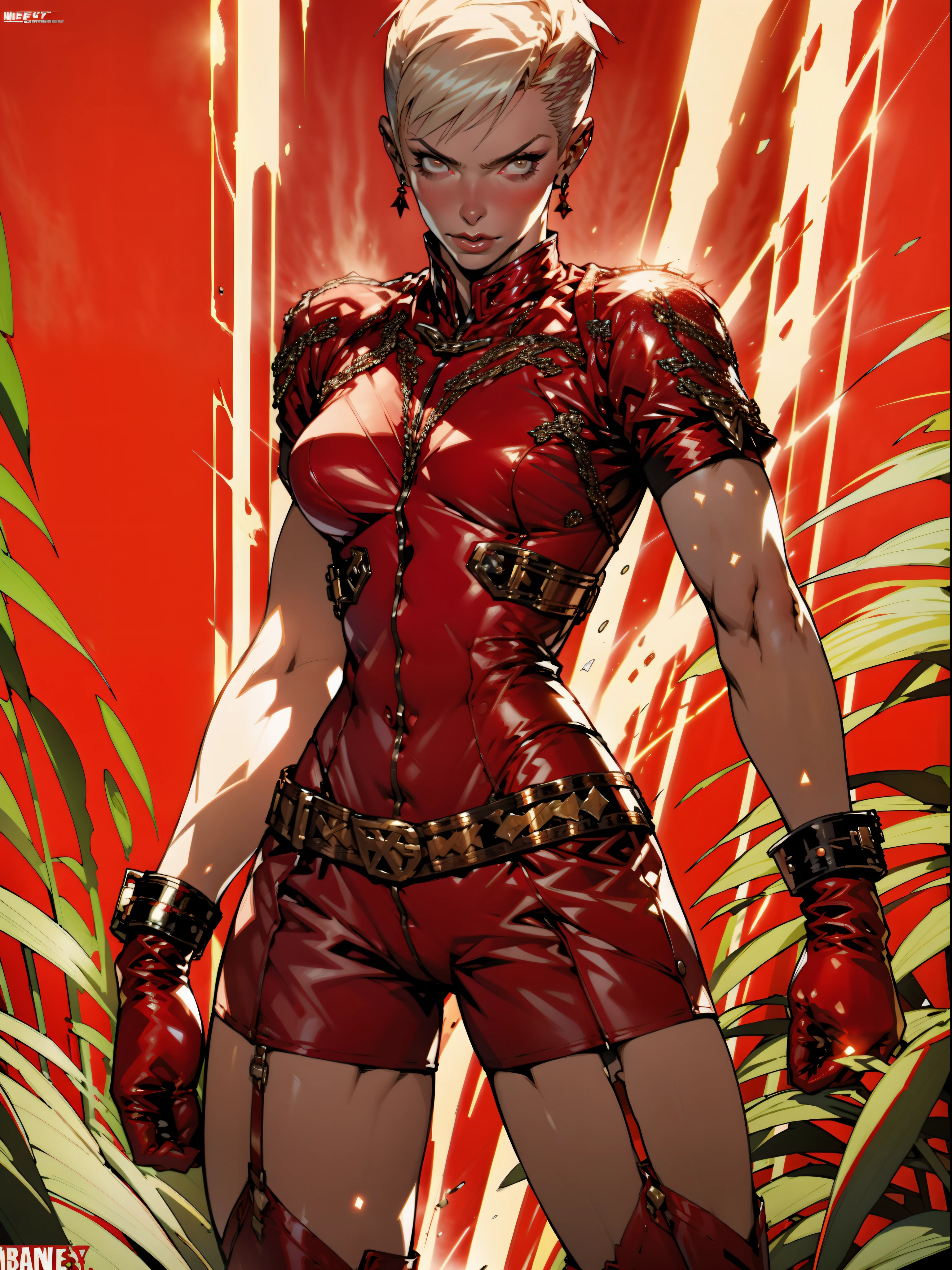 A muscular 35-year-old Russian warrior woman almost naked in the Simon Bisley style for the cover of Heavy Metal magazine, bare thighs, garter belt, super short blonde hair, Minimum clothing, red carbon fiber clothing in chevron pattern, ((((red clothing))), (((short-cut))), ((Annie Lennox)), (((mature woman))), full body