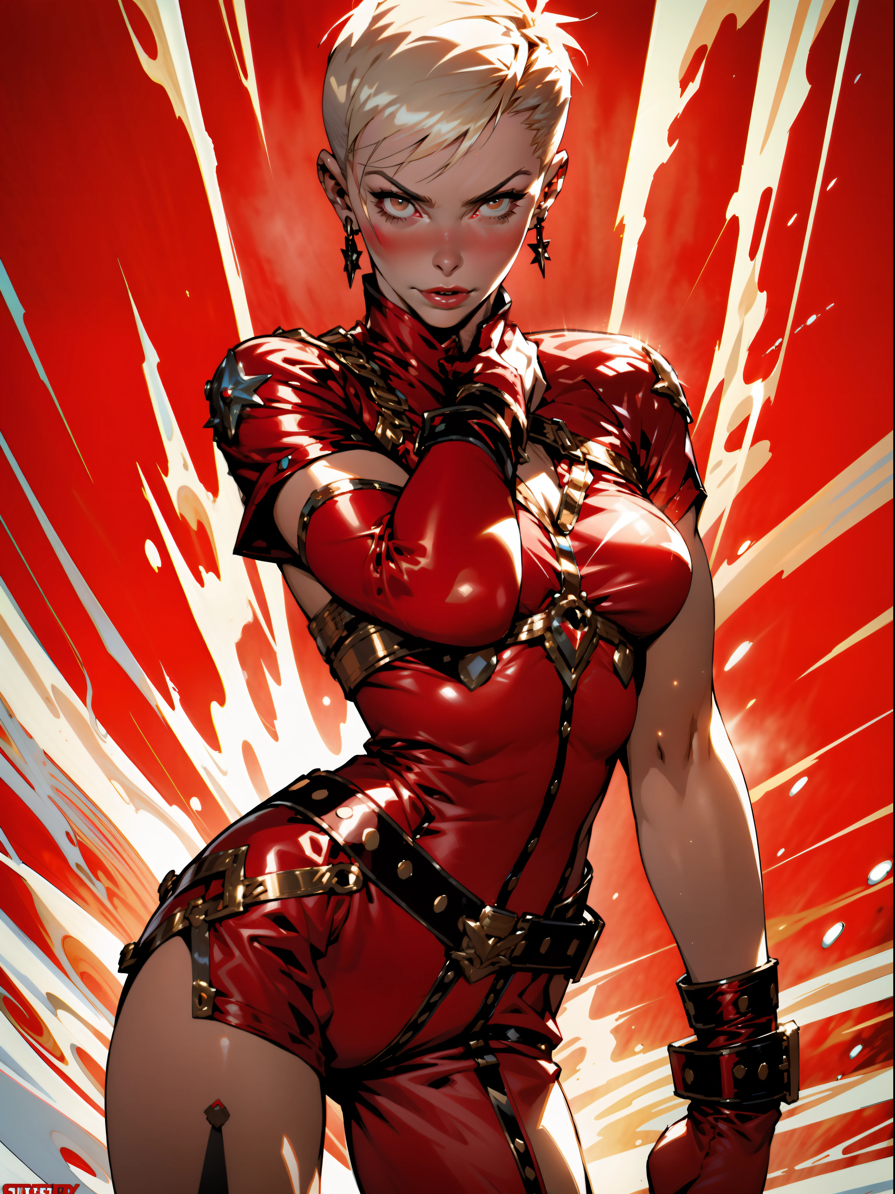 A muscular 35-year-old Russian warrior woman almost naked in the Simon Bisley style for the cover of Heavy Metal magazine, bare thighs, garter belt, super short blonde hair, Minimum clothing, red carbon fiber clothing in chevron pattern, ((((red clothing))), (((short-cut))), ((Annie Lennox)), (((mature woman))), full body