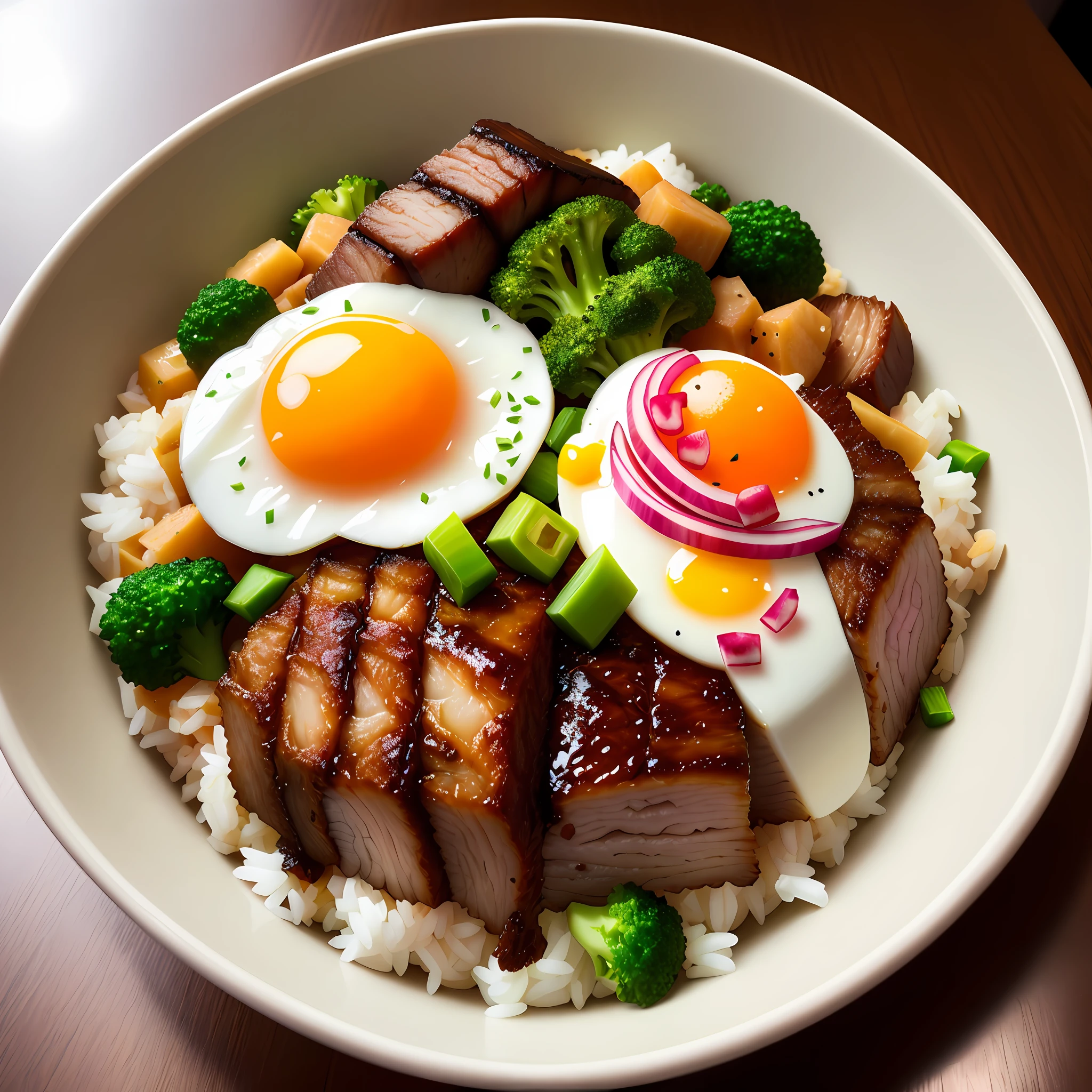 Dog eating, animation, high quality, high resolution, rice bowl, fried egg, braised pork, diced radish, beans, rice, broccoli