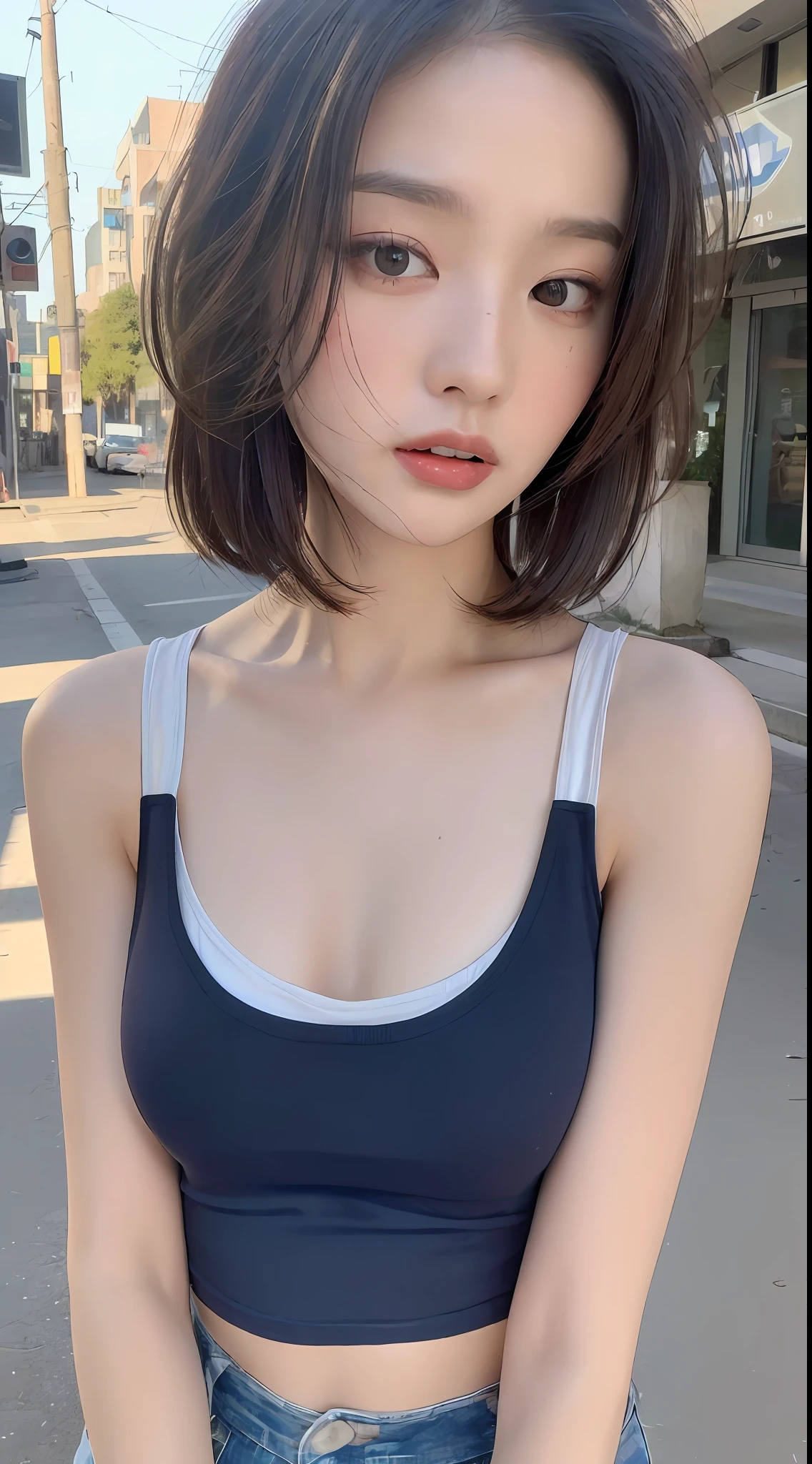 ((Best quality, 8k, Masterpiece :1.3)), Sharp focus:1.2, Perfect Body Beauty:1.4, Slim Abs:1.2, ((Layered hairstyle, Naughty expression: 1.2)), (Tank top shirt:1.1), (Street:1.2), Highly detailed face and skin texture, Fine eyes, Double eyelids