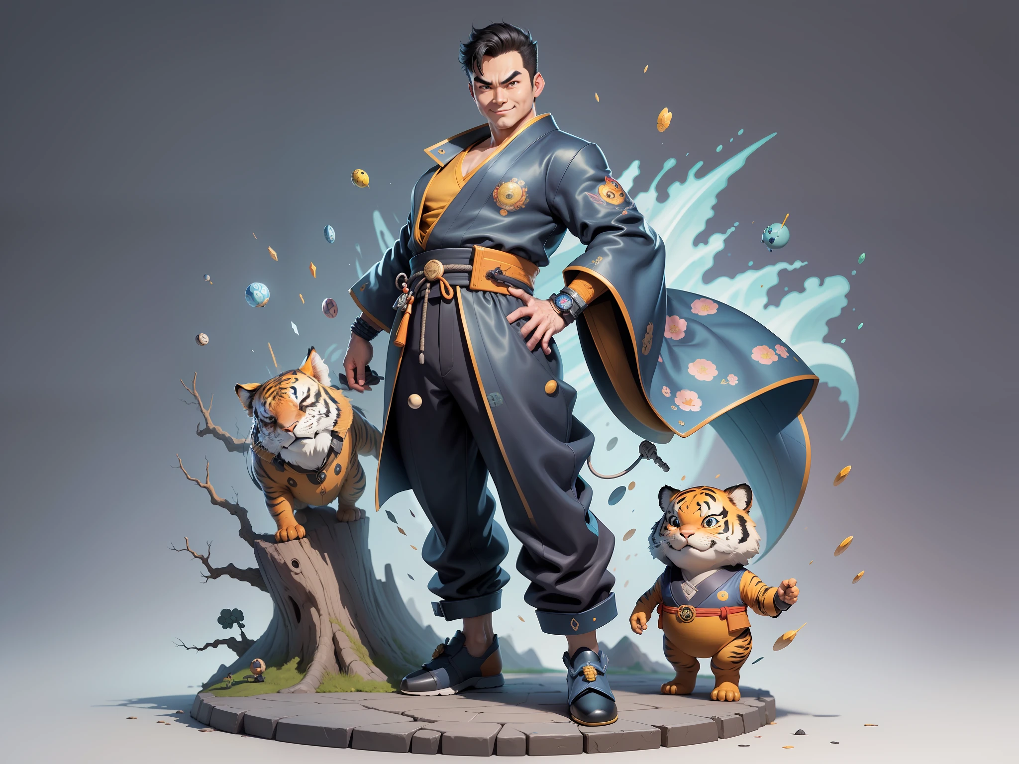 (Masterpiece), (Excellent), (Super Meticulous), (Full Body: 1.2), Super Young Man, Oriental Face, Japanese Kimono, Japanese Wind Thunder God, Dragon, Tiger, TV Anchor, Bust Portrait Illustration, Alone, Black Suit, Blue Tie, Slightly Chubby Face, Very Clean Face, No Beard, Black Super Short Hair, Black Eyes, Confident Smile, 3c Computer Sub-Products, iPad, iPhone, Digital Painting, 3D Character Design by Akira Toriyama and Mark Claireden and Pixar and Hayao Miyazaki, The illustration is a high-definition illustration in 4K resolution with very detailed facial features and cartoon-style visuals.
