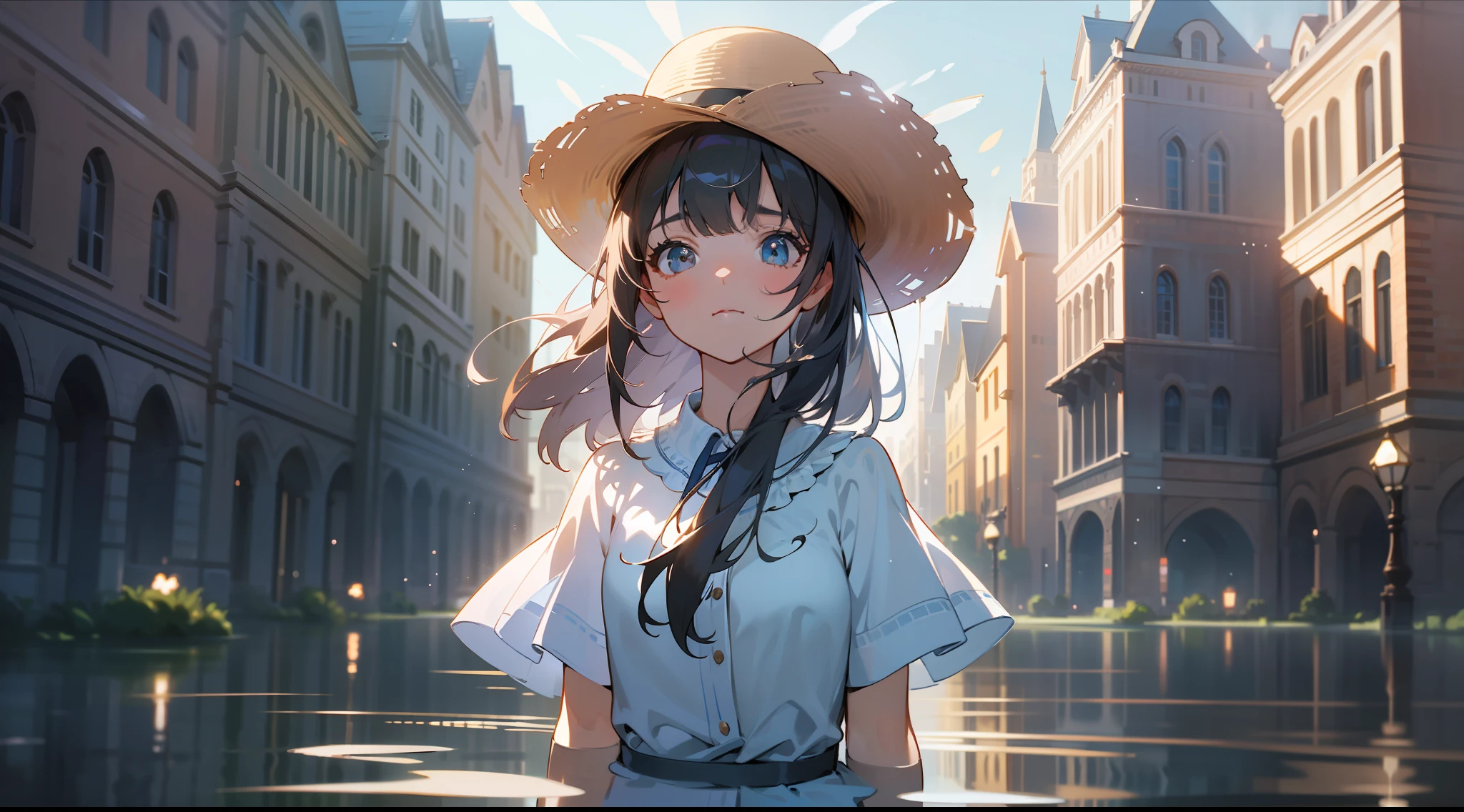 cowboy shot, upper body, far shot, panorama, wide-angle lens, depth of field, perspective, cinematic angle, arms behind back, masterpiece, best quality, super detailed, CG, 8K wallpaper, pretty face, delicate eyes, a girl, solo, big eyes, townscape, (Water Effects, Light Effects, Fluttering Feathers:1.2),