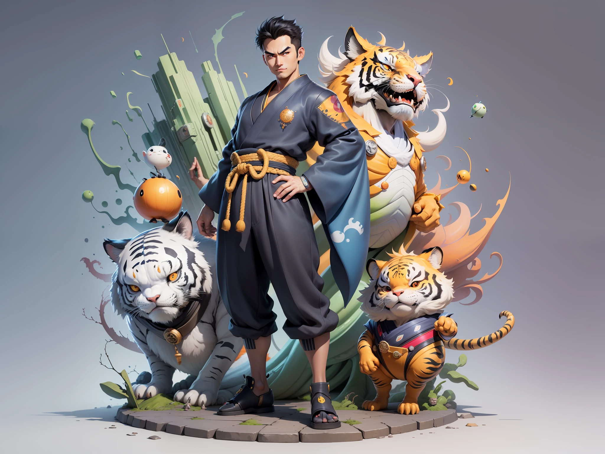 (Masterpiece), (Excellent), (Super Meticulous), (Full Body: 1.2), Super Young Man, Oriental Face, Japanese Kimono, Japanese Wind Thunder God, Dragon, Tiger, TV Anchor, Bust Portrait Illustration, Alone, Black Suit, Blue Tie, Slightly Chubby Face, Very Clean Face, No Beard, Black Super Short Hair, Black Eyes, Confident Smile, 3c Computer Sub-Products, iPad, iPhone, Digital Painting, 3D Character Design by Akira Toriyama and Mark Claireden and Pixar and Hayao Miyazaki, The illustration is a high-definition illustration in 4K resolution with very detailed facial features and cartoon-style visuals.
