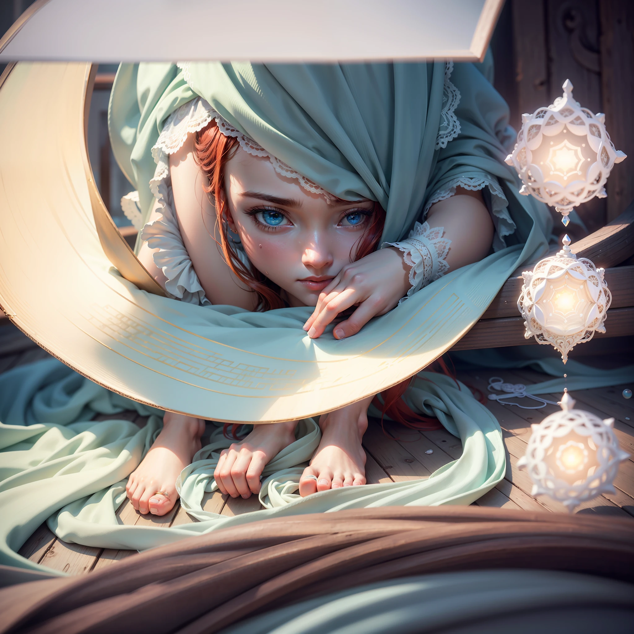 RAW photograph, best quality, masterpiece, an extremely delicate and beautiful, extremely detailed, CG, unity, 8k wallpaper, Amazing detailed, finely detailed, masterpiece, best quality, official art, extremely detailed CG unity 8k wallpaper, ultra-detailed, highres, extremely detailed, clear, focused, (best quality), (realistic, photo-realistic:1.6), 8k, soft lighting, high quality, cinematic lighting, 1girl, centered, full body, redhead, (sweat:1), perfect fingers, long hair