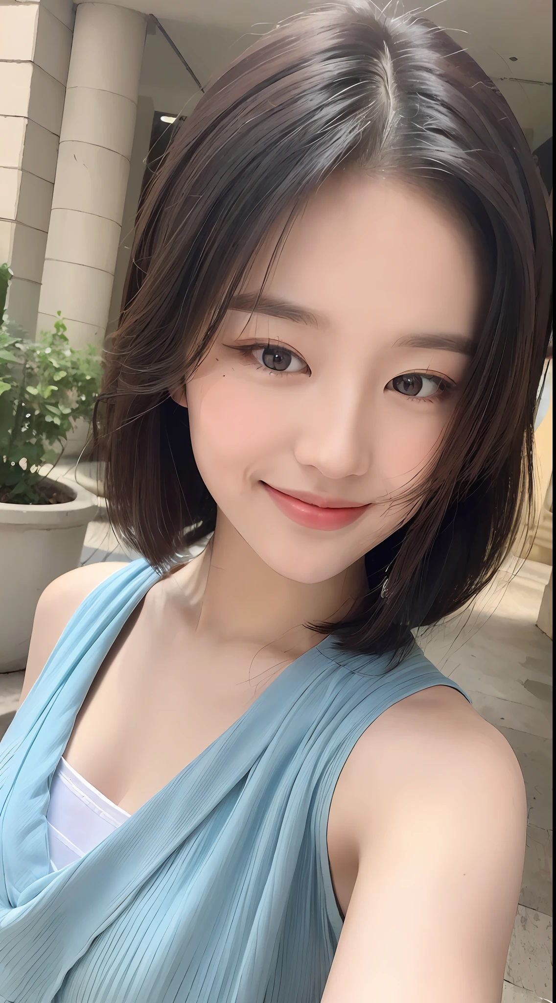 ((Best quality, 8k, Masterpiece :1.3)), Sharp focus:1.2, Perfect Body Beauty:1.4, Slim Abs:1.2, ((Layered hairstyle, Smile with closed lips: 1.2)), (Sling: 1.1), (Street: 1.2), Highly detailed face and skin texture, Fine eyes, Double eyelids