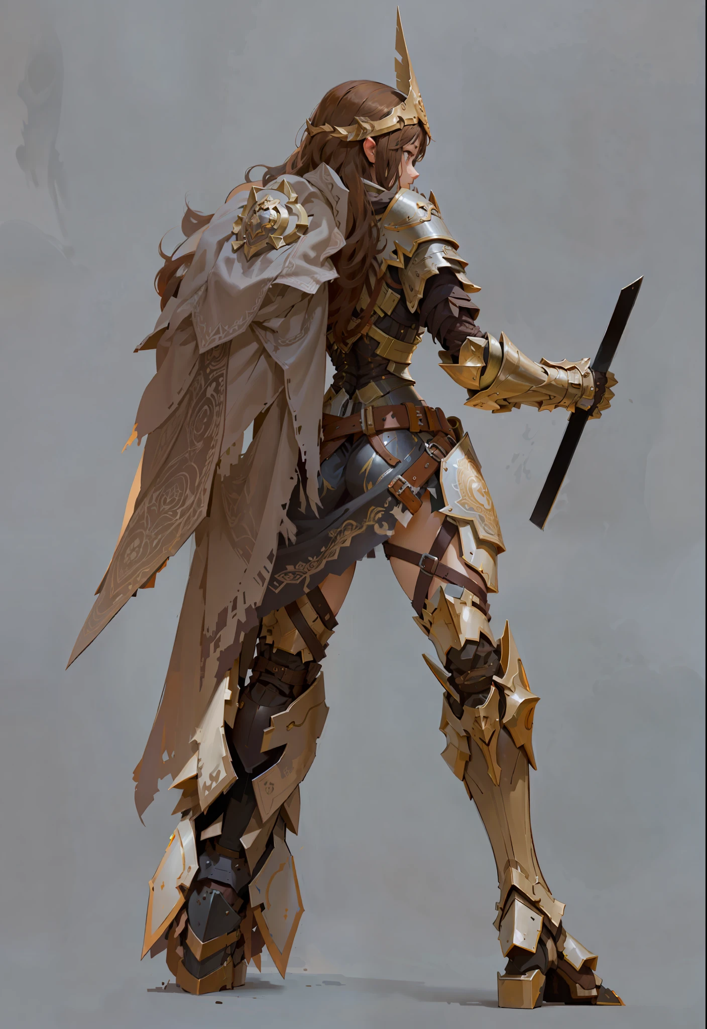 Back of a girl in armor, brown hair, back view, huge leather shawl on the left, partially naked, asymmetrical, heavy armor on the left leg, original setting, half-body leather armor, heavy, leather shield, character design, concept design, metal armor, intricate pattern decoration, white background,