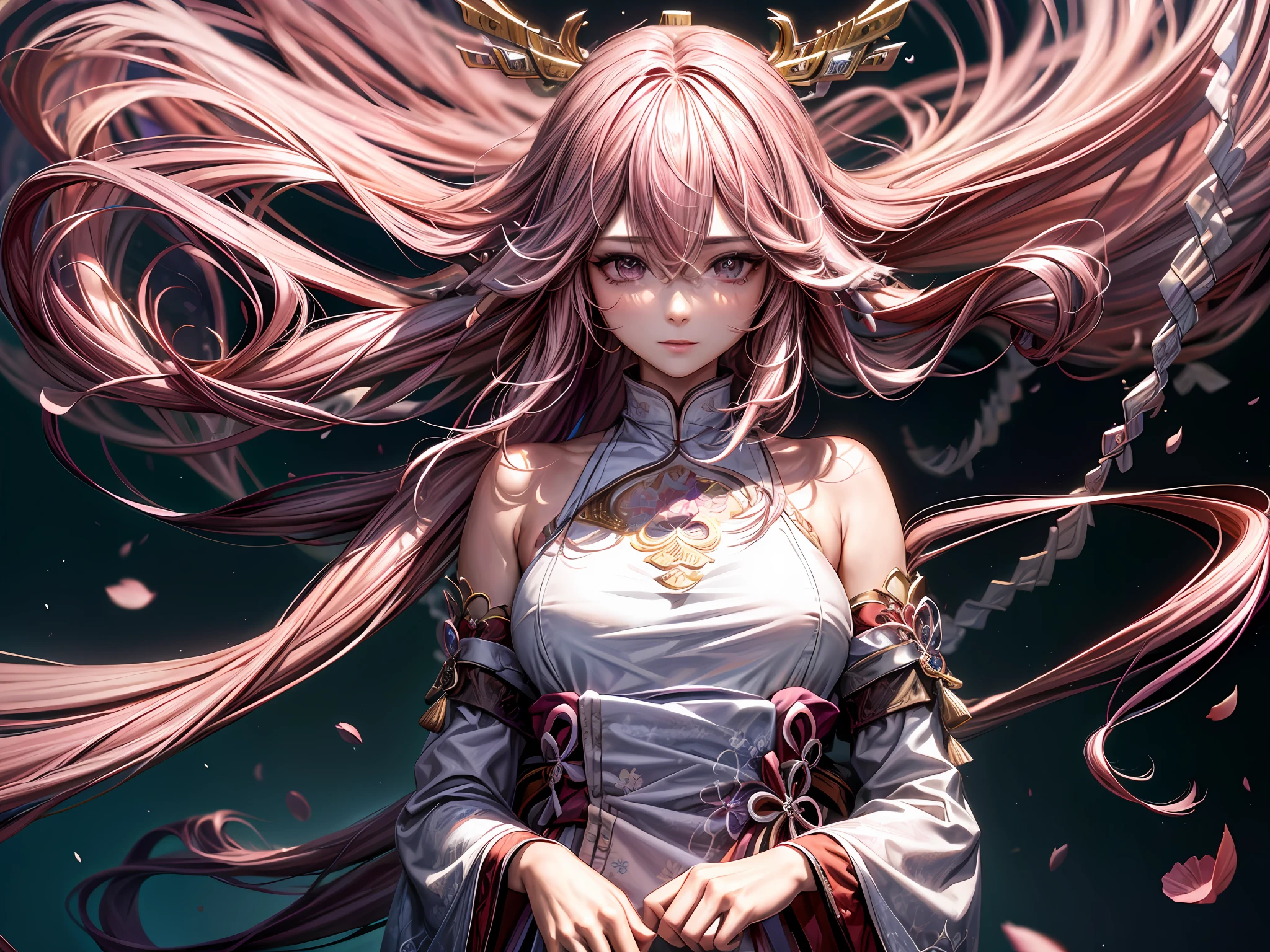 (masterpiece, top quality, best quality, official art, beautiful and aesthetic:1.2), (1girl),extreme detailed,(fractal art:1.5),colorful,highest detailed,[blue Feather| pink Feather]hair, very long pink hair animal ears,(Scattered), (flowing hair:1.5),Hair Background,hanfu,Bare shoulders,(collarbone:0.9),white dress, hanfu,tang style,