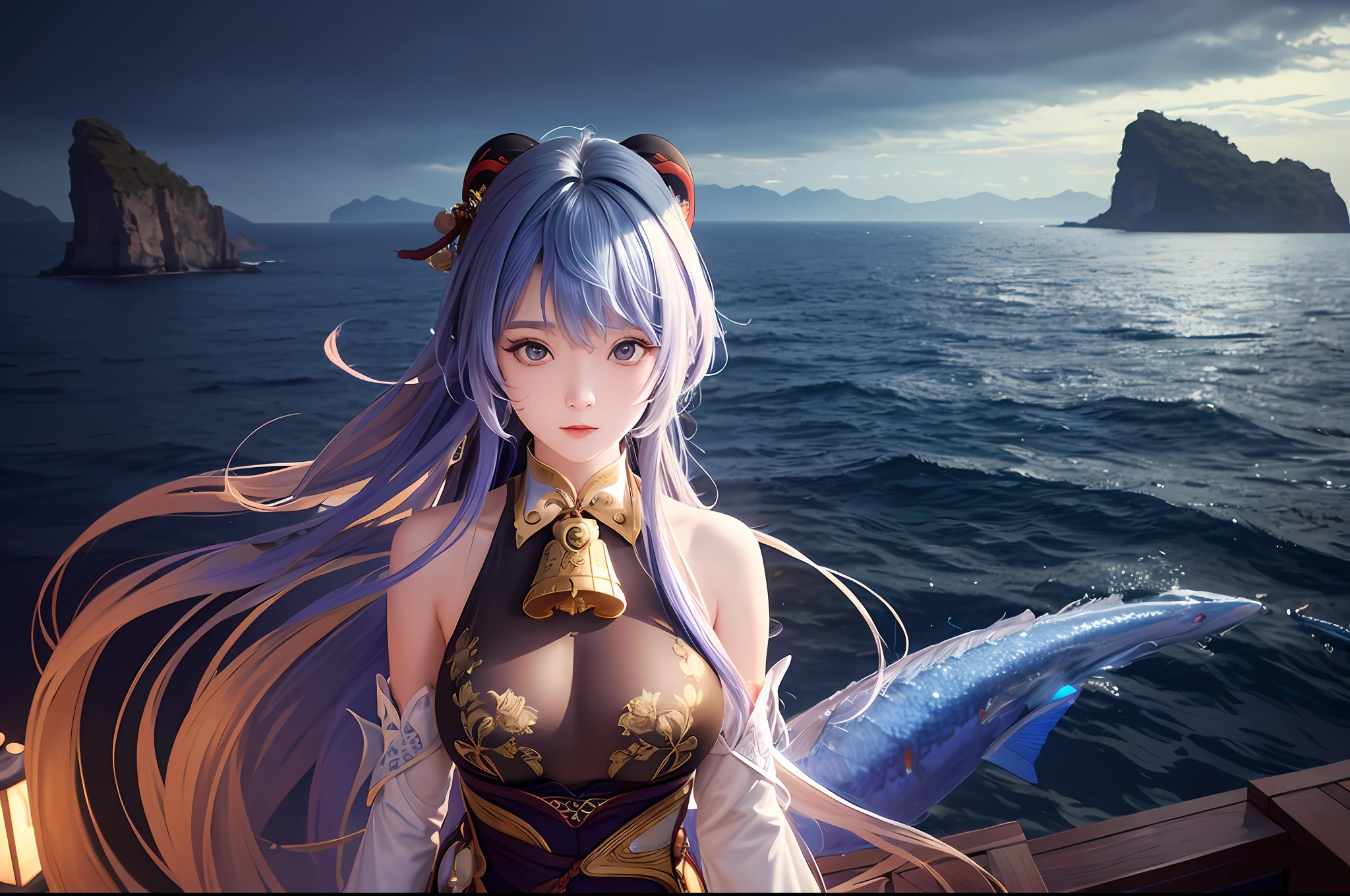 ((master piece)), (extremely detailed CG unity 8k wallpaper),best quality, illustration, beautiful detailed eyes, beautiful detailed hair, very_long_hair, 1girl, ganyu, upbody, sea,