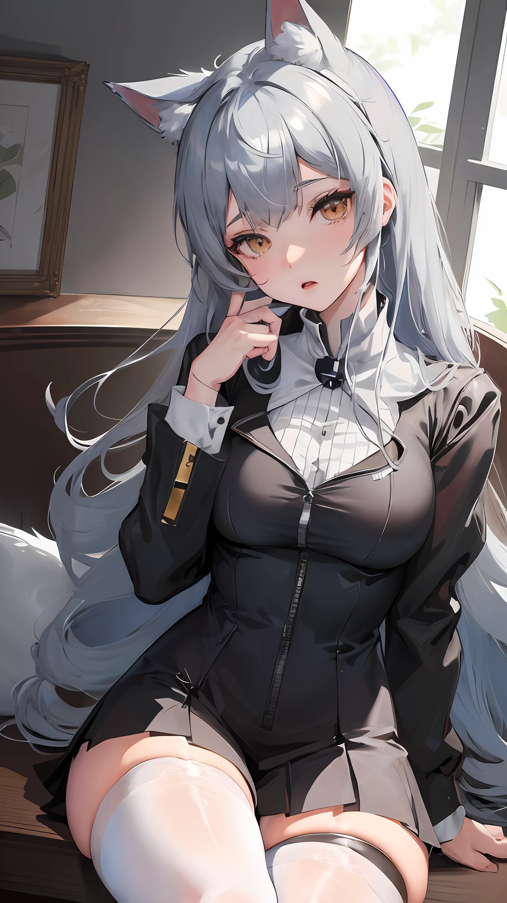 Anime girl sitting on chair with short gray hair, cat ears on her head, wearing JK suit, white stockings, from Girl Front, Girl Front style, exquisite details. Girl Front, Trend in CGSTATION, Kantai Collection Style, Gutiz Style Artwork, Gooditz, Trend in CGSTATION, Surreal Schoolgirl, Azure Lane Style, Girl Frontline CG, Seductive Anime Girl