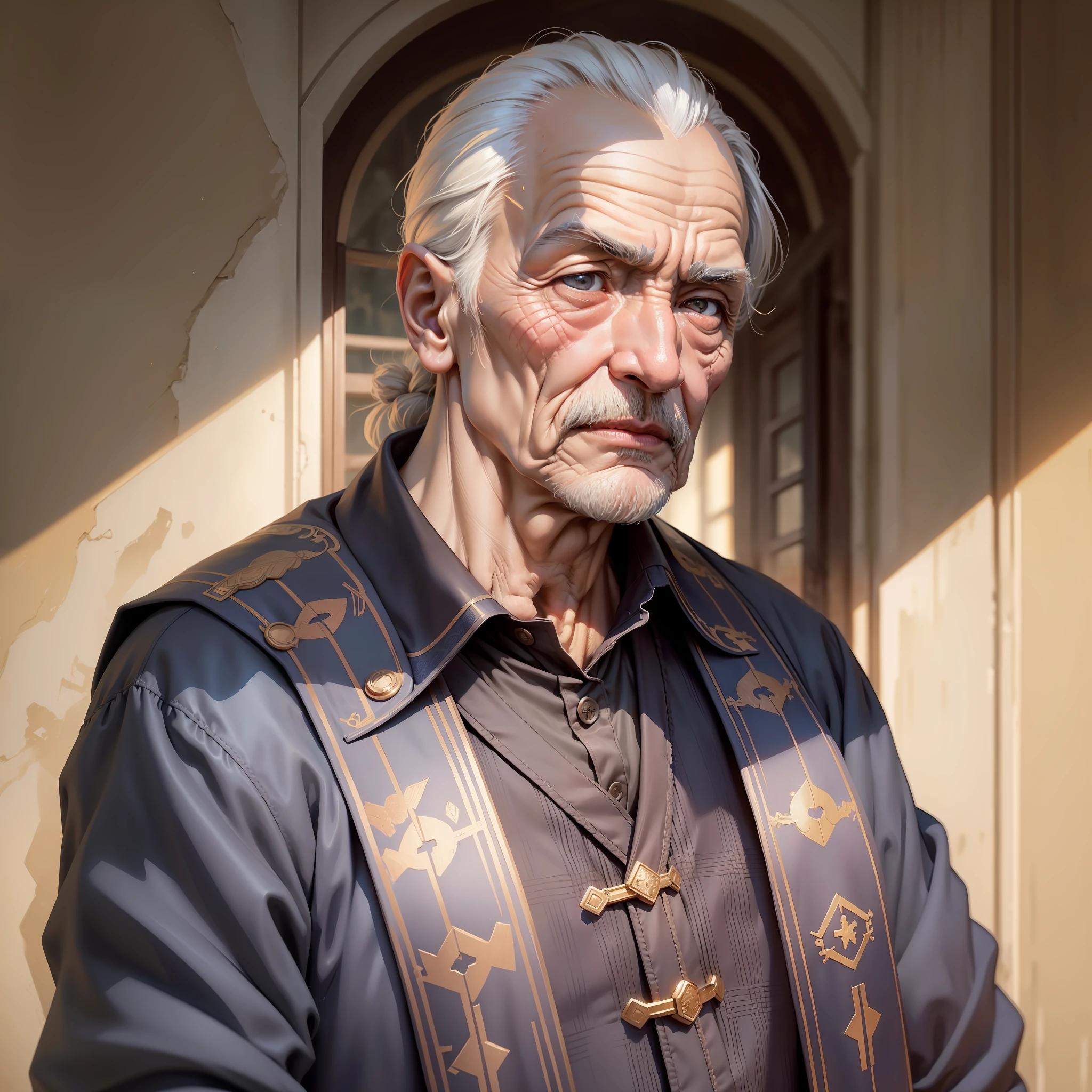 (zh-CN) Intricate details, real and detailed old man's head, wrinkled corners of eyes, tightened lips, frail body covered by robes, bright environment, sunshine, single character composition, deep picture.