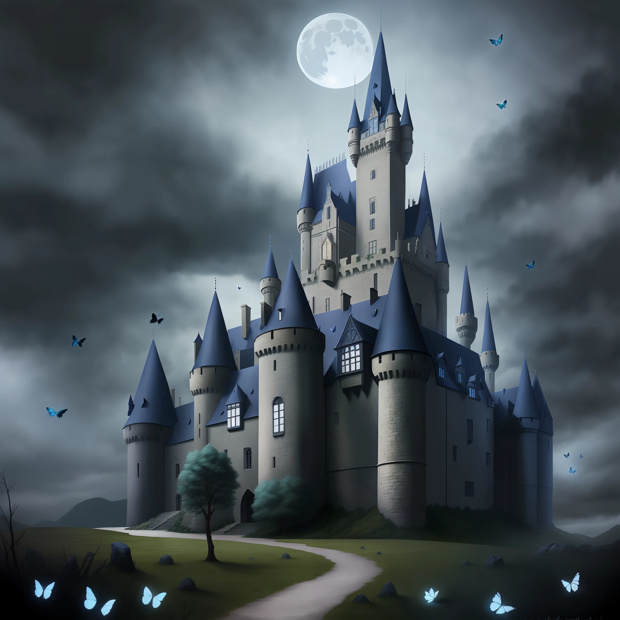 Medieval style castle, gloomy weather, moon rock background, blue butterflies in the air