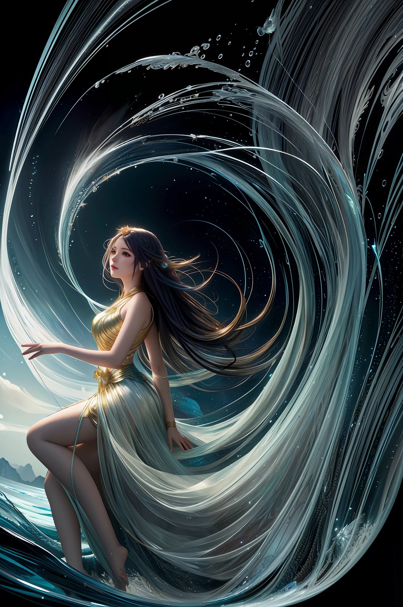 arafed woman in a flowing dress sitting on a wave, beautiful digital artwork, karol bak uhd, closeup fantasy with water magic, anime girl with cosmic hair, beautiful fantasy art, beautiful gorgeous digital art, beautiful digital art, very beautiful digital art, gorgeous digital art, fantasy digital art, glowing flowing hair, a stunning young ethereal figure, breathtaking digital art