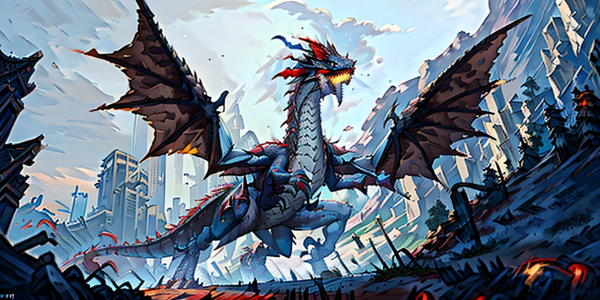(masterpiece, best quality:1.4), 
(badass, battle stanse:1.2), epic, from behind,
1girl, solo, japanese school girl holding broom, japanese school girl, broom, standing against dragon, red dragon, detailed background, wind, (cyberpunk city:1.2),  street