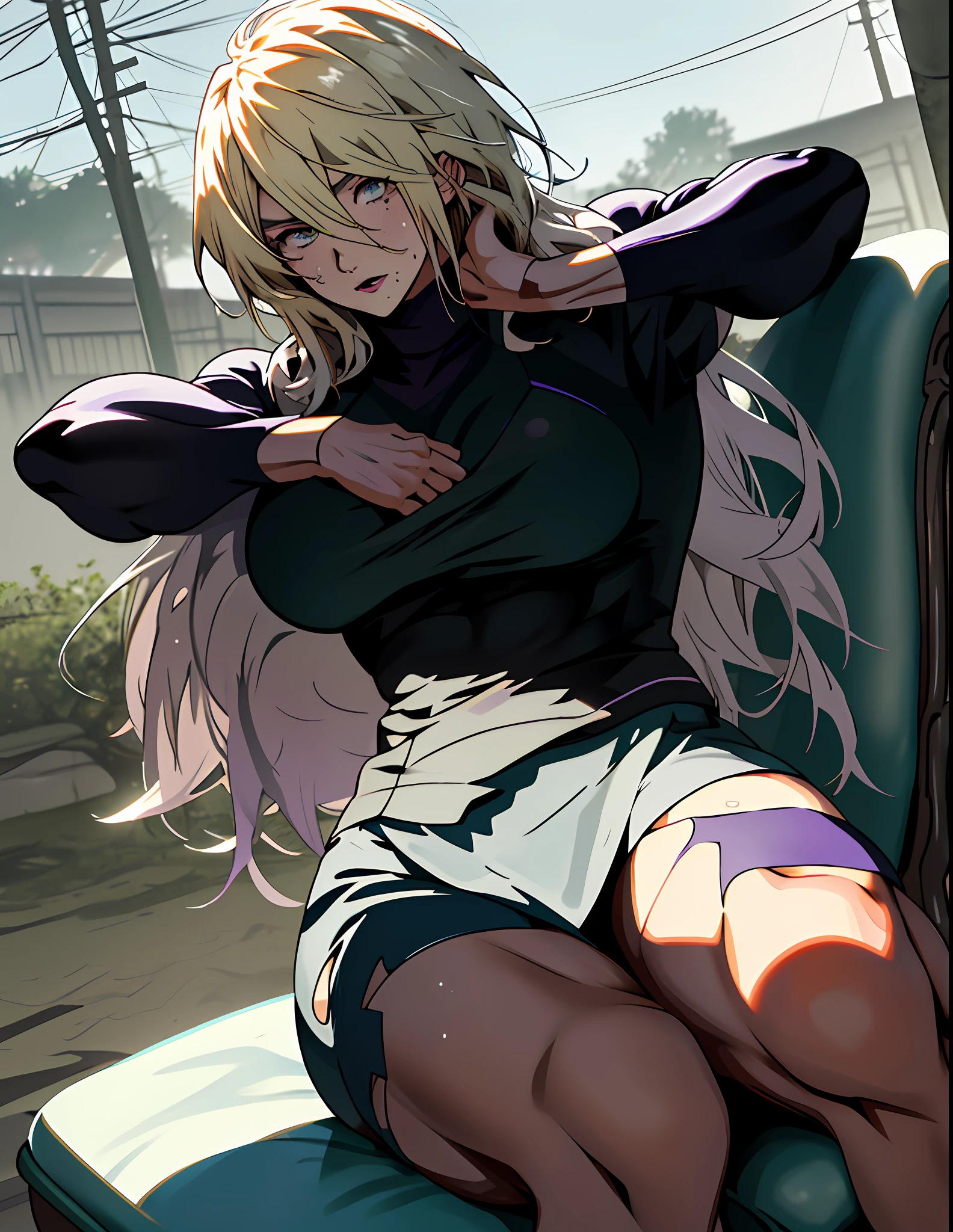 best quality, masterpiece, ultra high res, detailed background, realistic, 1girl, solo, female, muscular, mature female, long hair, blonde, makeup, purple lipstick, sitting in a chair, open arms, open legs, sticky school clothes, wet breasts, open mouth, serious face, sexy beak, beautiful eyes, well done, green eyes, happy, expression of fascination, surprise, school, real shadow and light, depth of field, huge breasts, torn clothes, looking at the viewer, strong wind in the face, strong wind in the hair, loose hair, Konosuba, sweaty, wet, sexy